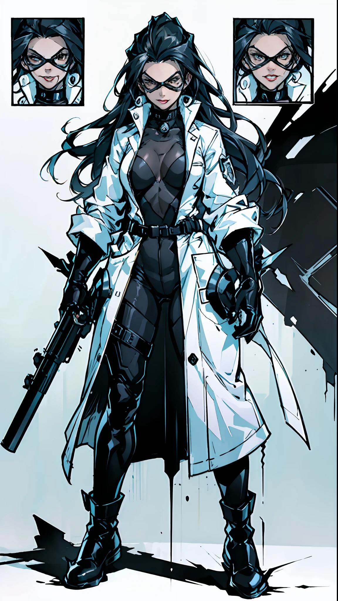 character sheet, full body front and back, cyberpunk black scientist woman, white science overcoat, large hand cannon gun, dreadlock hair, floating energy power, White background, intricate detail, high detail, full color, perfect anatomy, centered, approach to perfection, 4k , cinematic dramatic atmosphere, artstation, concept art, fluid and sharp focus, volumetric lighting, cinematic lighting
