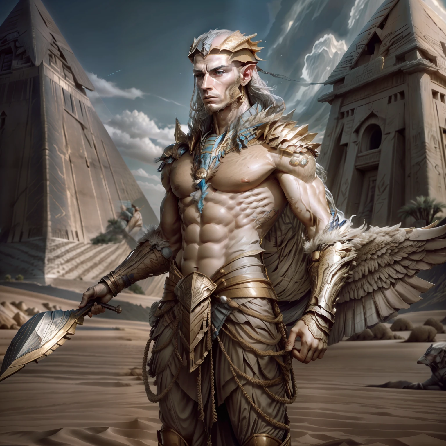 Ammon, eagle head, strong body, 5 fingers on hands, holding a staff, 18k, ultra realistic, Egyptian senario, with pyramids behind, desert, camels, gentle wind, --auto