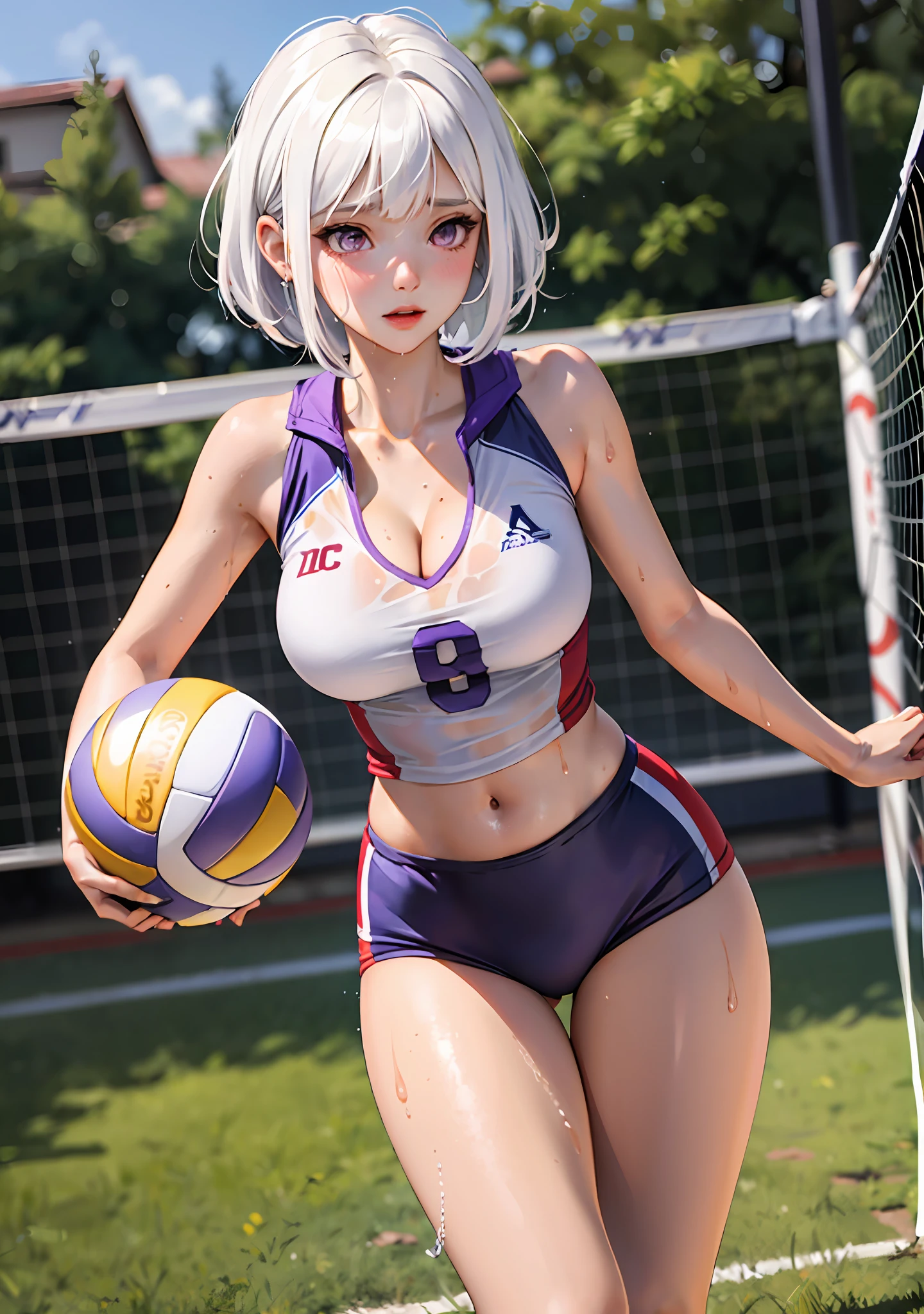 1girl, white hair, purple eyes, bob cut, wavy hair, average breasts, blush, glow, thighs, bare shoulders, collarbone, narrow waist, cleavage, (masterpiece), white volleyball uniform, tight volleyball uniform, wet clothes, see-through, sweat, volleyball court,