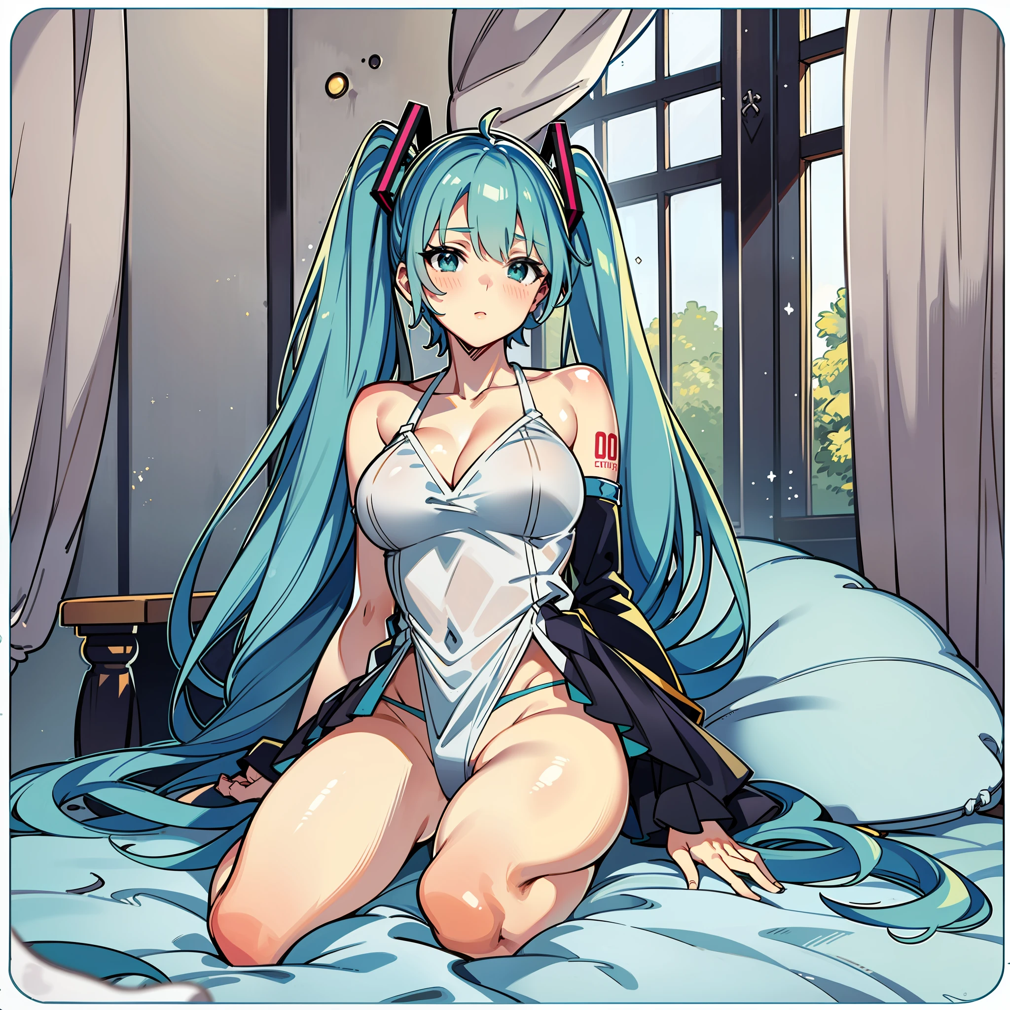 Hatsune Miku without clothes Seductive anime girl exposed panties sitting with legs open