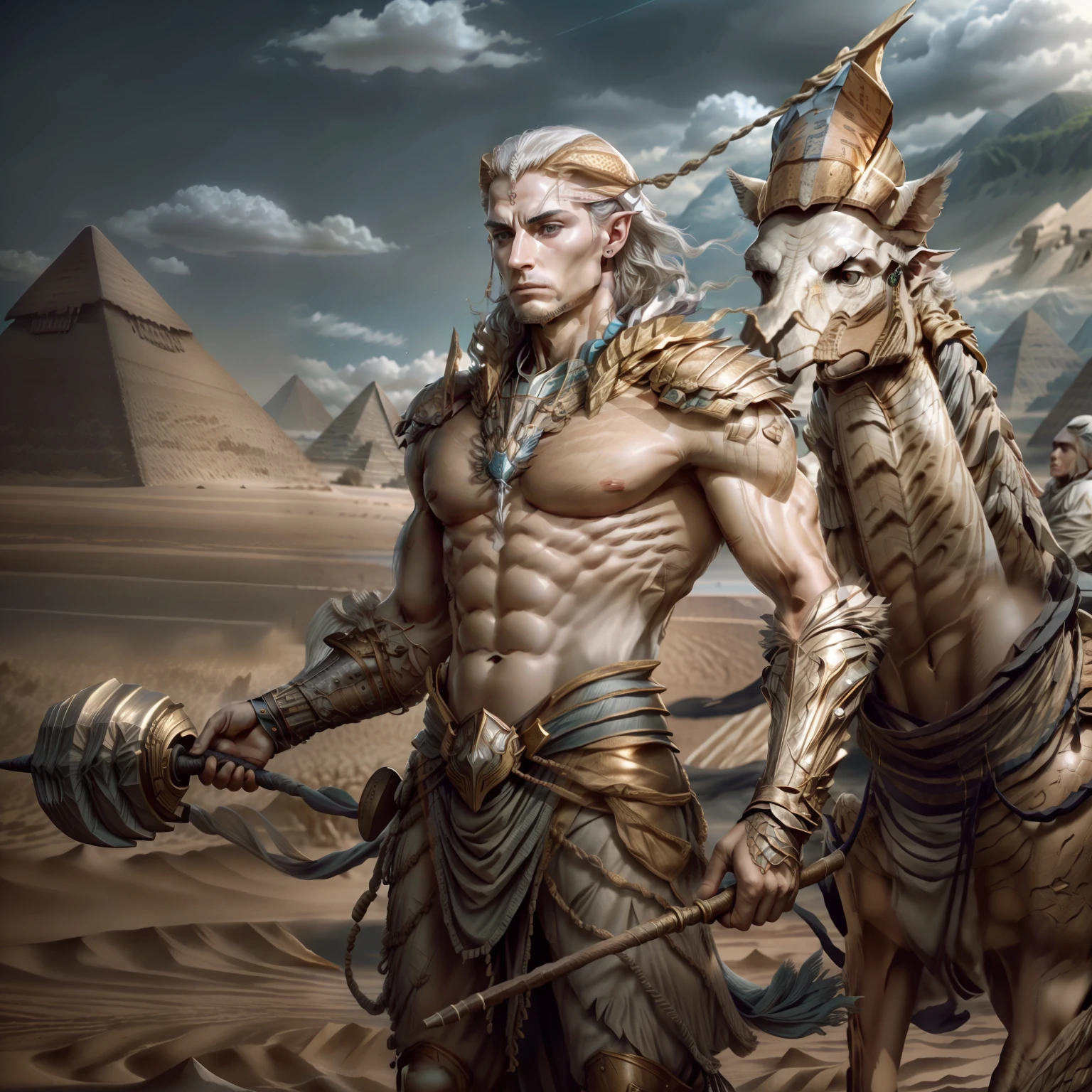 Ammon, eagle head, strong body, 5 fingers on hands, holding a staff, 18k, ultra realistic, Egyptian senario, with pyramids behind, desert, camels, gentle wind, --auto