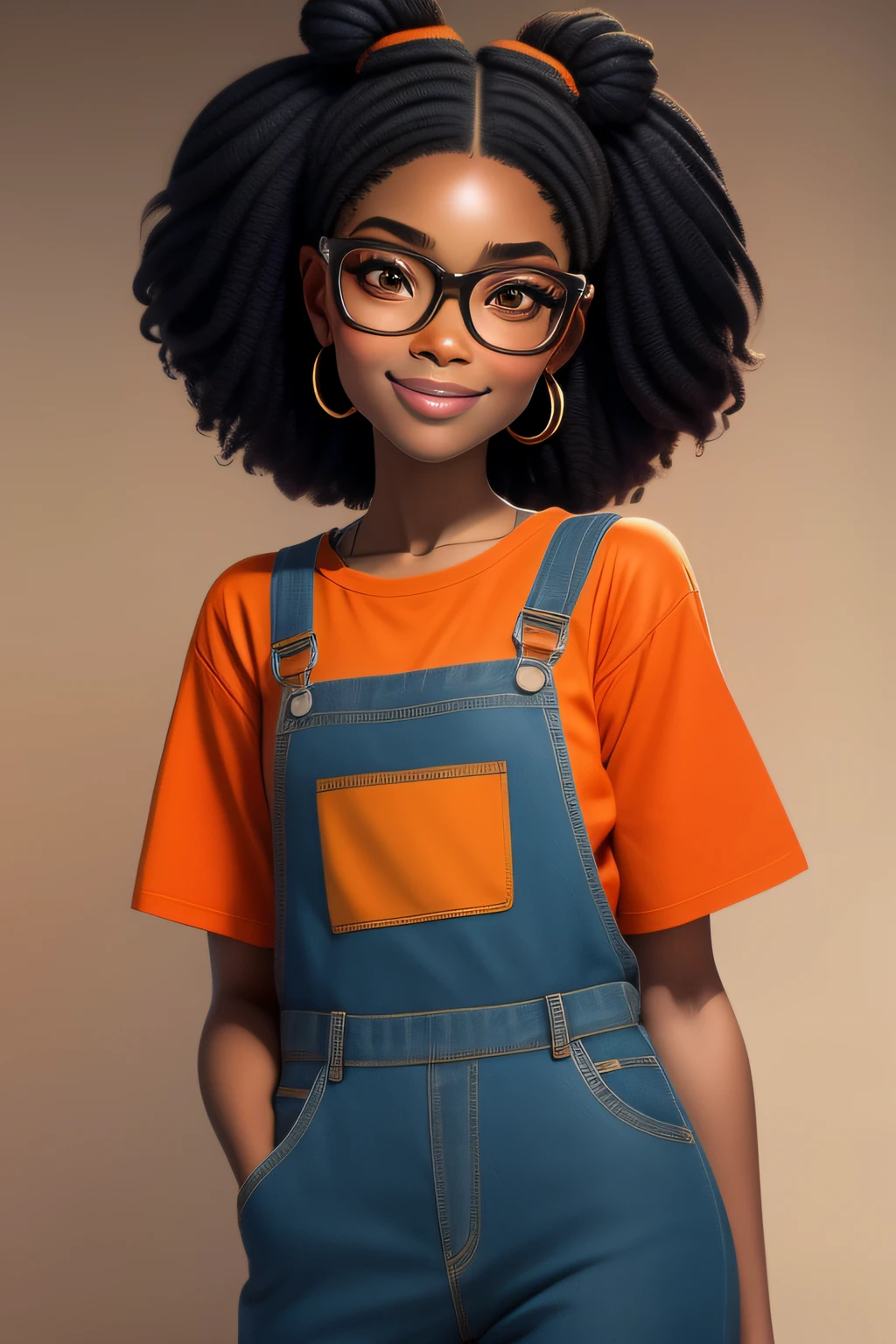 Draw a young black girl, around 20 years old, with a student-style appearance. She wears an orange t-shirt and blue overalls. Her prescription glasses enhance her intelligent gaze. Her hair is a beautiful Blackpower style, fashioned into two well-made buns. Depict her facing forward, with her face turned towards the viewer, conveying joy and confidence with brown eyes