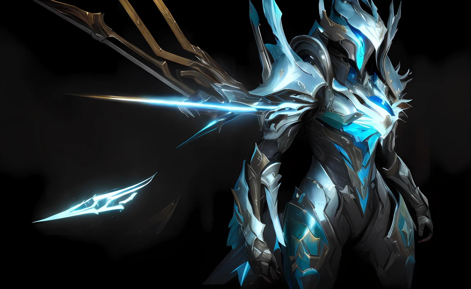 A close-up of a person in a suit with a sword, warframe armor, detailed warframe, sliver ice color reflected armor, warframe concept art, warframe armor!!, warframe art, warframe infested art, exquisite warframe fanart, high quality warframe fanart, crystalline skin, detailed warframe fanart, battle armor