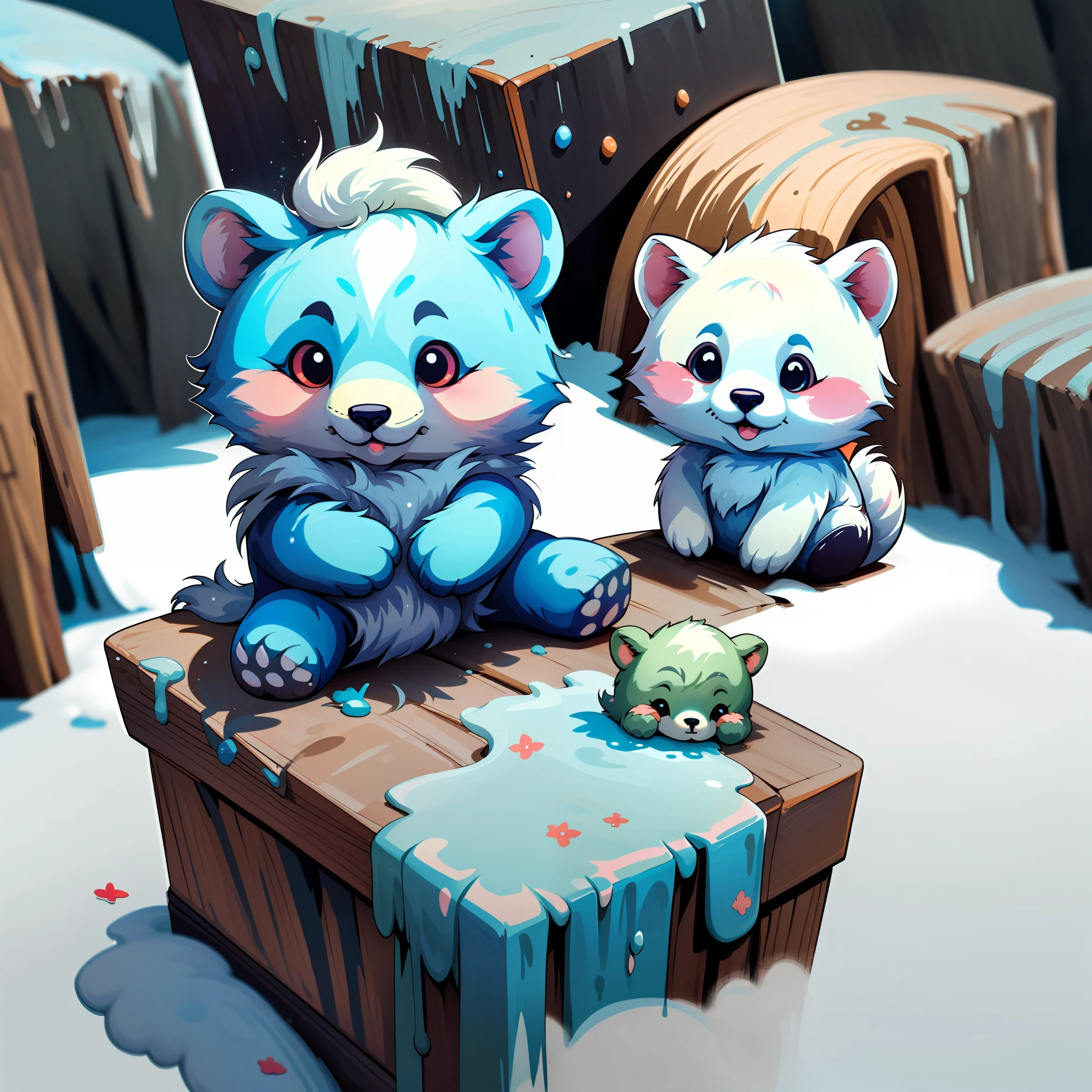 (in dripping art style) "Li'l Avalanche, When a cub, the young Atmora Snow Bear is a lap-clambering cuddle bug, a friendly fuzzball whose demeanor is completely at odds with the fierce reputation of adult Snow Bears. Enjoy them while they're still small!, dripping snow, dripping cute, Masterpiece, Best Quality
