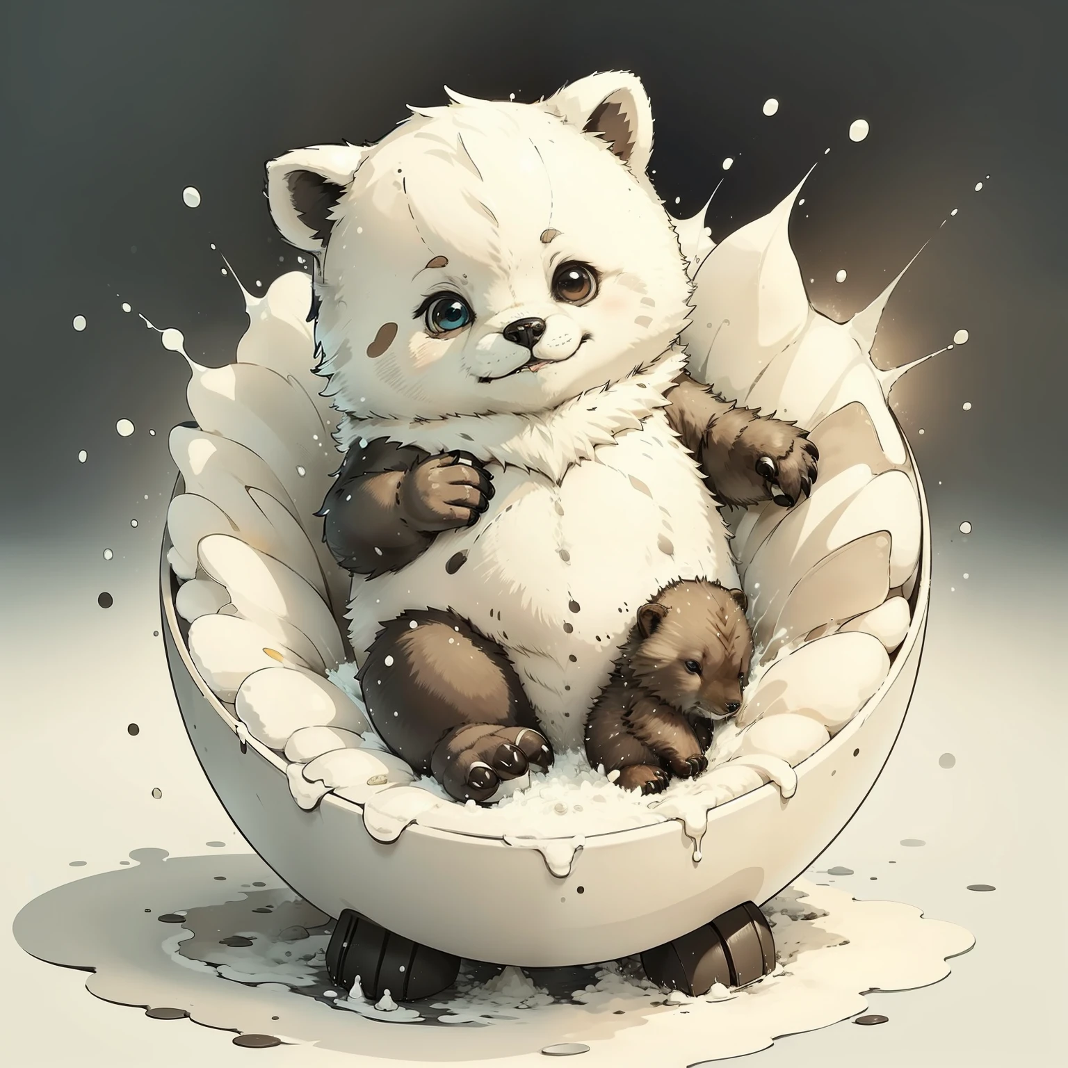 (in dripping art style) "Li'l Avalanche, When a cub, the young Atmora Snow Bear is a lap-clambering cuddle bug, a friendly fuzzball whose demeanor is completely at odds with the fierce reputation of adult Snow Bears. Enjoy them while they're still small!, dripping snow, dripping cute, Masterpiece, Best Quality