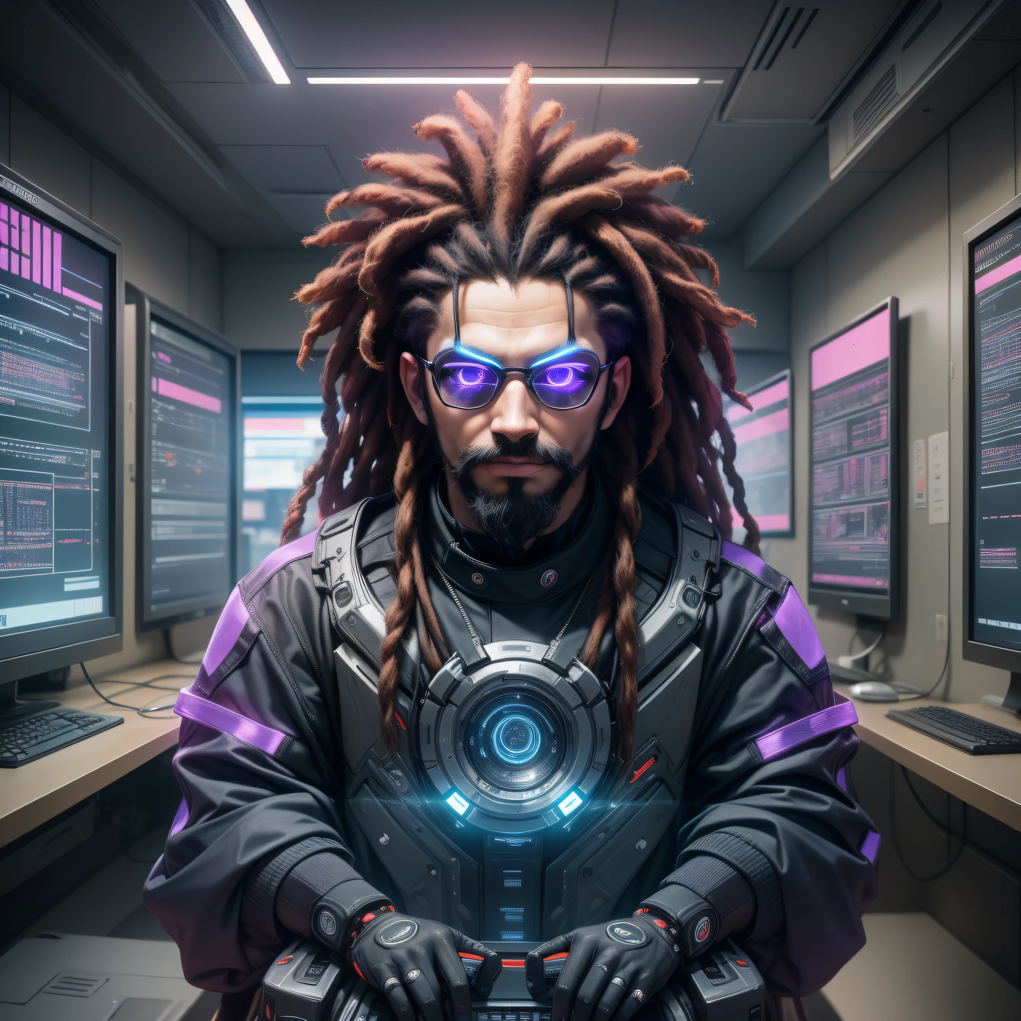 A black, bearded hacker man with dreaded hair with a half-obscure face full of codes flying around his ultra-realistic and extremely detailed surroundings, emitindo uma luz levemente roxa e azul em uma sala futurista com tema cyberpunk. (Um hacker afro em frente a um ultra-realista e extremamente detalhado computador, emits purple and blue light in a futuristic cyberpunk-themed room with a sinister and mysterious humor