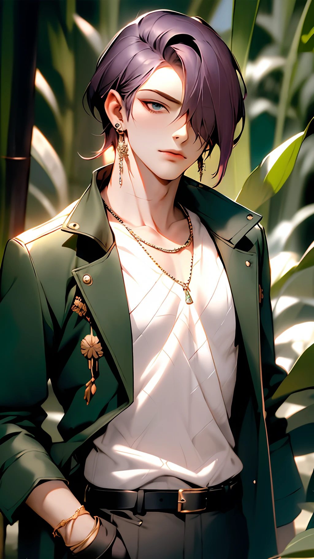 best quality, masterpiece, highres, 1boy,male,solo,upper body, sampo,purple hair,green eyes,hair over one eye,jacket,shirt,earrings,belt