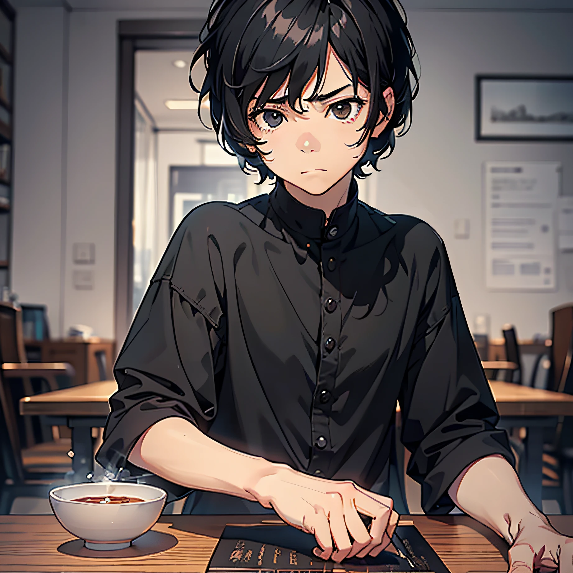 Masterpiece,Best quality, 超高分辨率, 8K wallpaper, Amazing, finedetail, finedetail, Extremely detailed face,(Faraway view:1.6),The upper part of the body，A boy,(Short black hair:1.4),（Frowning:1.4)，sits at a table，Thinking about the problem