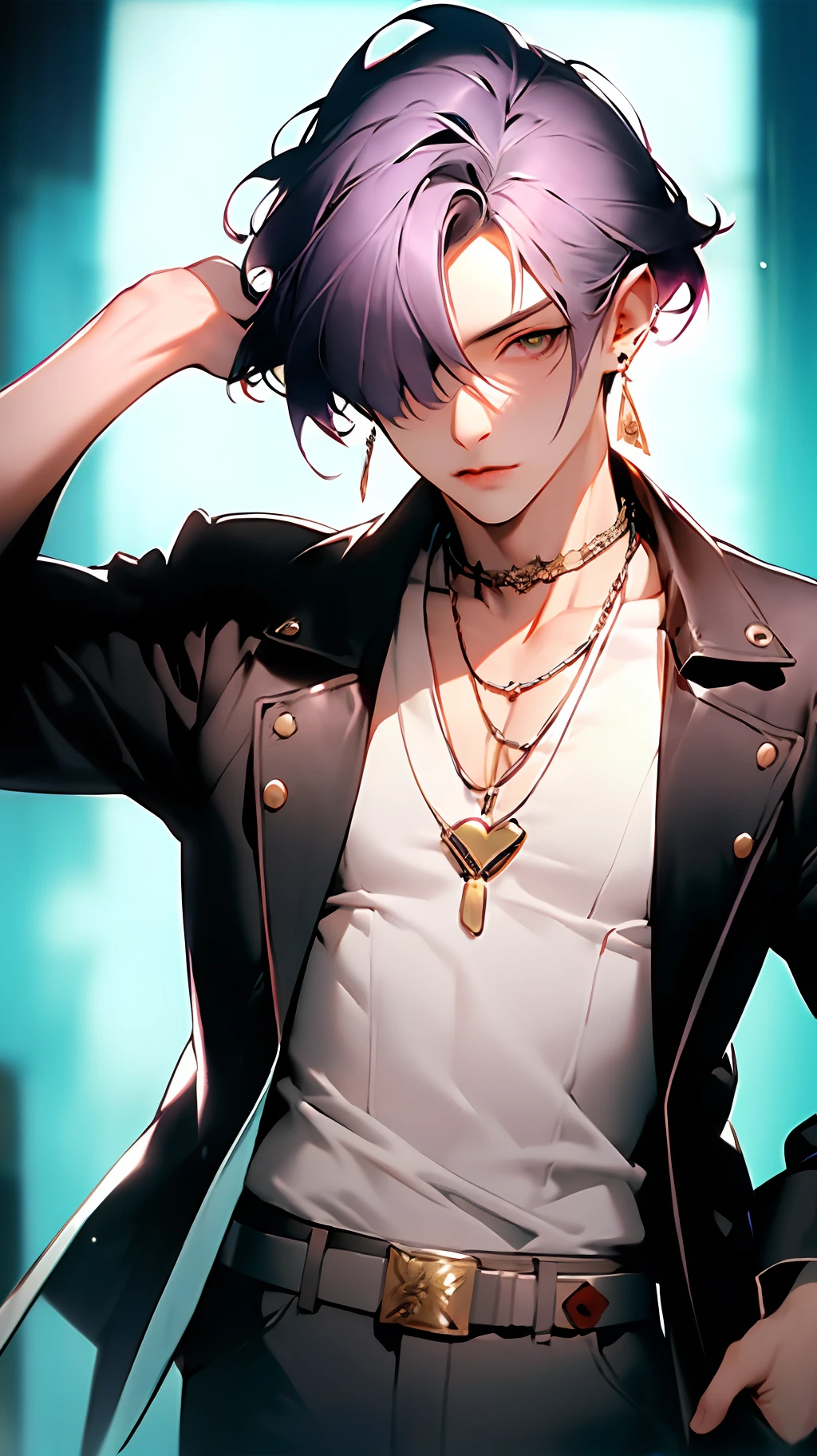 best quality, masterpiece, highres, 1boy,male,solo,upper body, sampo,purple hair,green eyes,hair over one eye,jacket,shirt,earrings,belt