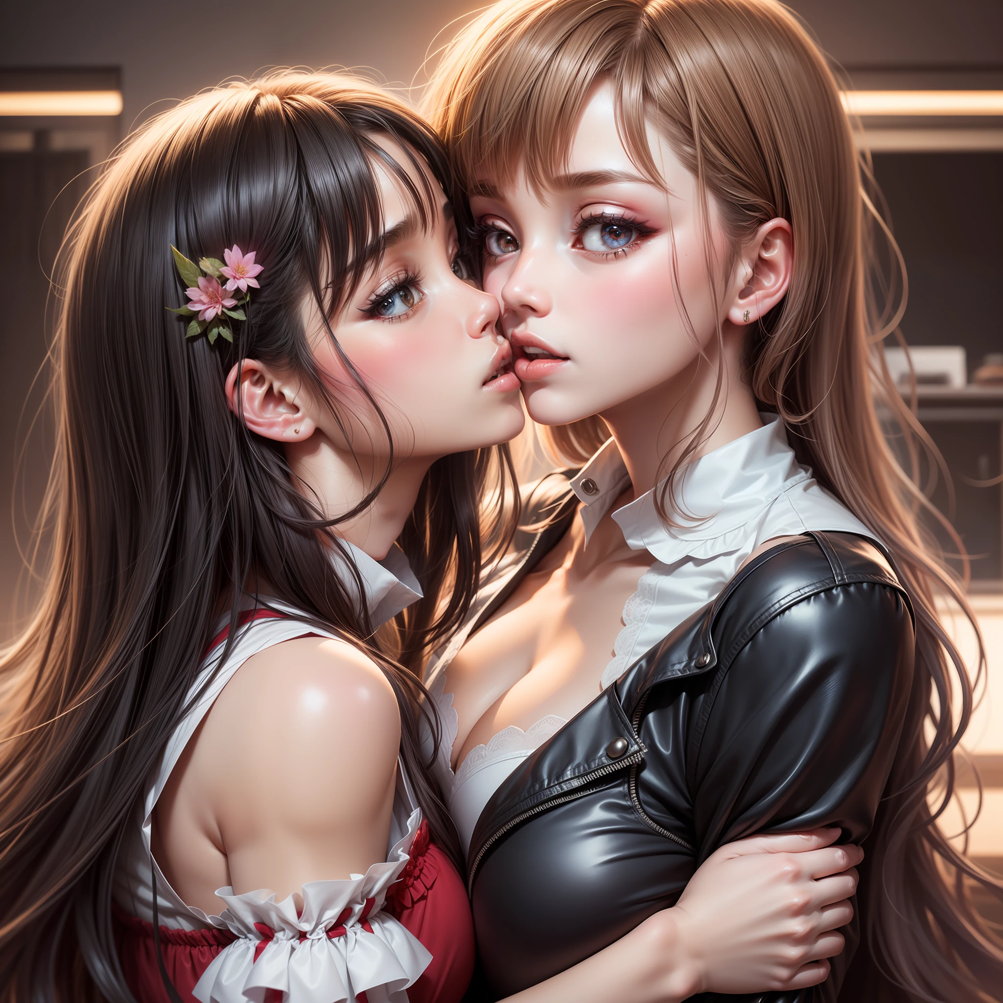 master piece,hyper qualit, ultra - detailed,Perfect drawing,A high resolution、2Kizi、Japan idol、Student clothes、Look at each other from the front、((Kiss))、(((French kiss)))、hugging eachother,As if pushing each other、Staring at each other、Moist eyes、half-open lips、Beautiful、Red blush(0.2)、Functional、seductiv、Trance、instigate、Beauty、bustup、Shunguang、、Shoot diagonally down from the front、precise drawing、Detailed drawing、Precise anatomy、dress room、beatiful background