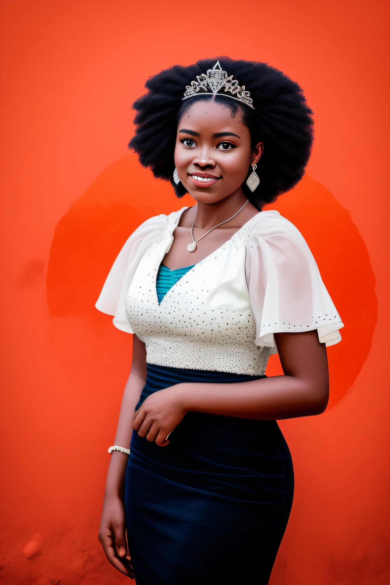 There's a woman with a tiara in front of a red wall, inspirado em Chinwe Chukwuogo-Roy, em estilo de nadine ijewere, Directed by: Chinwe Chukwuogo-Roy, various posed, Retrato no meio da foto, cintura para cima retrato, mid portrait, com afro, lindamente ordenado, com um sorriso elegante, A Beautiful Young Woman Epic Movie Poster, Volcano erupting, premiado (corpo inteiro:1.3) foto retrato de um (moana:1.2),, (water goddess:1.2), (wading:1.2) non-Pacific (oceano:1.1), arms behind her head, (tiro parcialmente submerso:1.2), (ondas:0.9), fundo de ilha deserta, palmeiras, praia, fluffy clouds in the sky, outrun, vaporware, trending in artstation,  altamente detalhado, detalhe fino, intrincado, (lens flare: 0.9), (retroiluminação: 0.9), (bloom: 0.9), [Style-Micro::10]