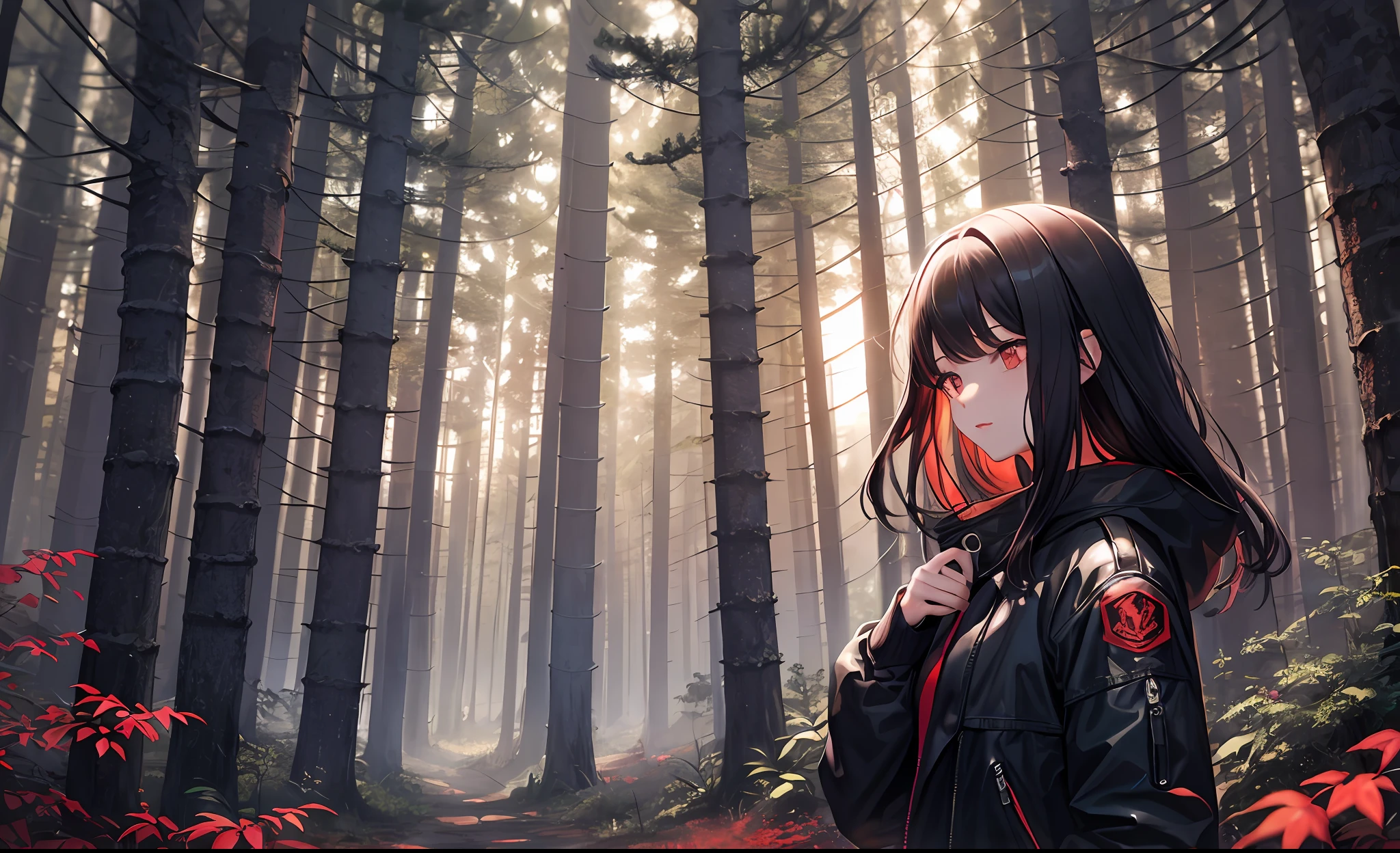 A young woman stands in a dark forest, surrounded by tall trees with red leaves. The person’s face is hidden by a blur, as if to protect their identity. They wear a black jacket and have dark hair that reaches their shoulders. The forest is dimly lit, creating a contrast between the red and black colors. The image evokes a sense of mystery and danger.
