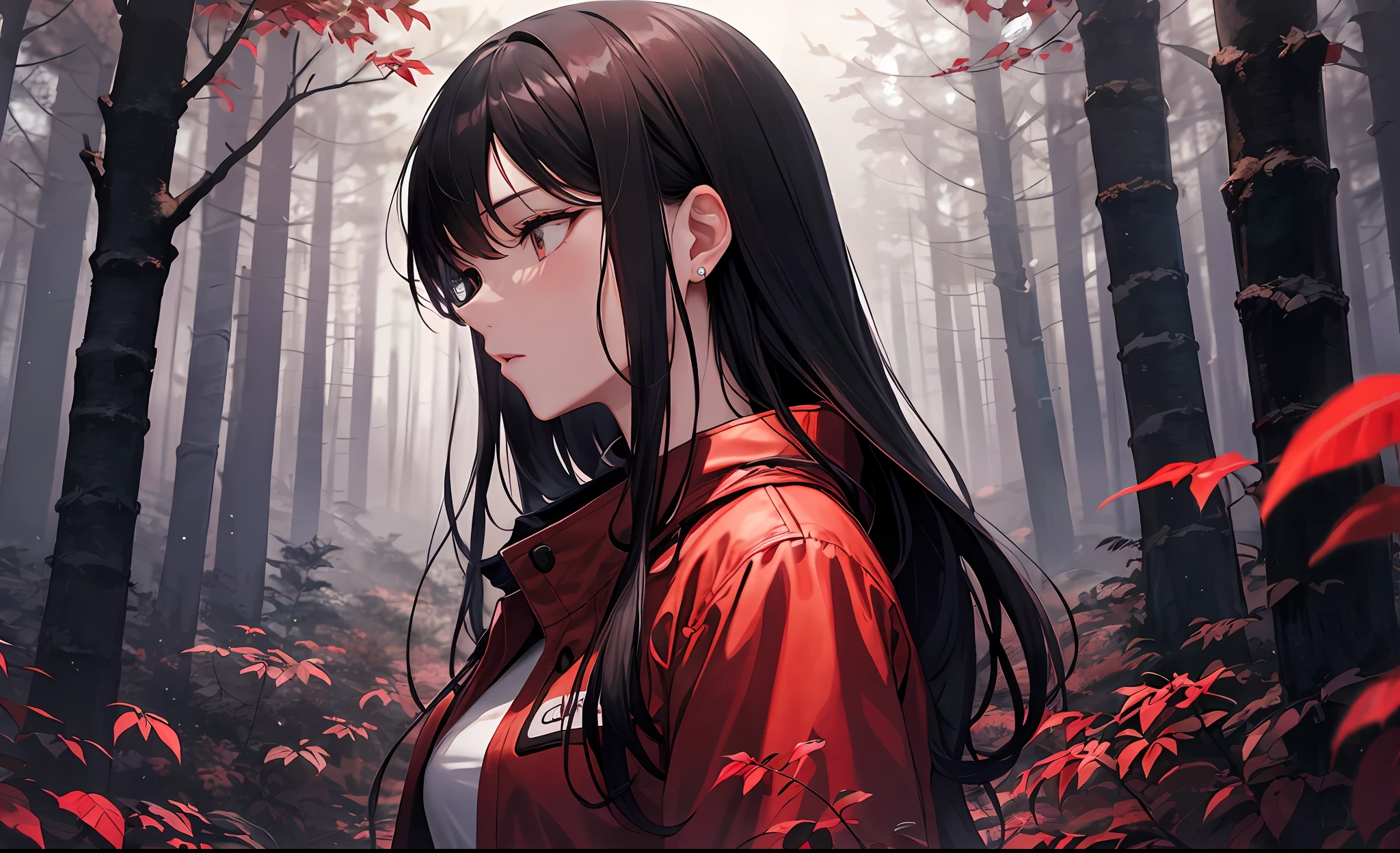 A young woman stands in a dark forest, surrounded by tall trees with red leaves. The person’s face is hidden by a blur, as if to protect their identity. They wear a black jacket and have dark hair that reaches their shoulders. The forest is dimly lit, creating a contrast between the red and black colors. The image evokes a sense of mystery and danger.