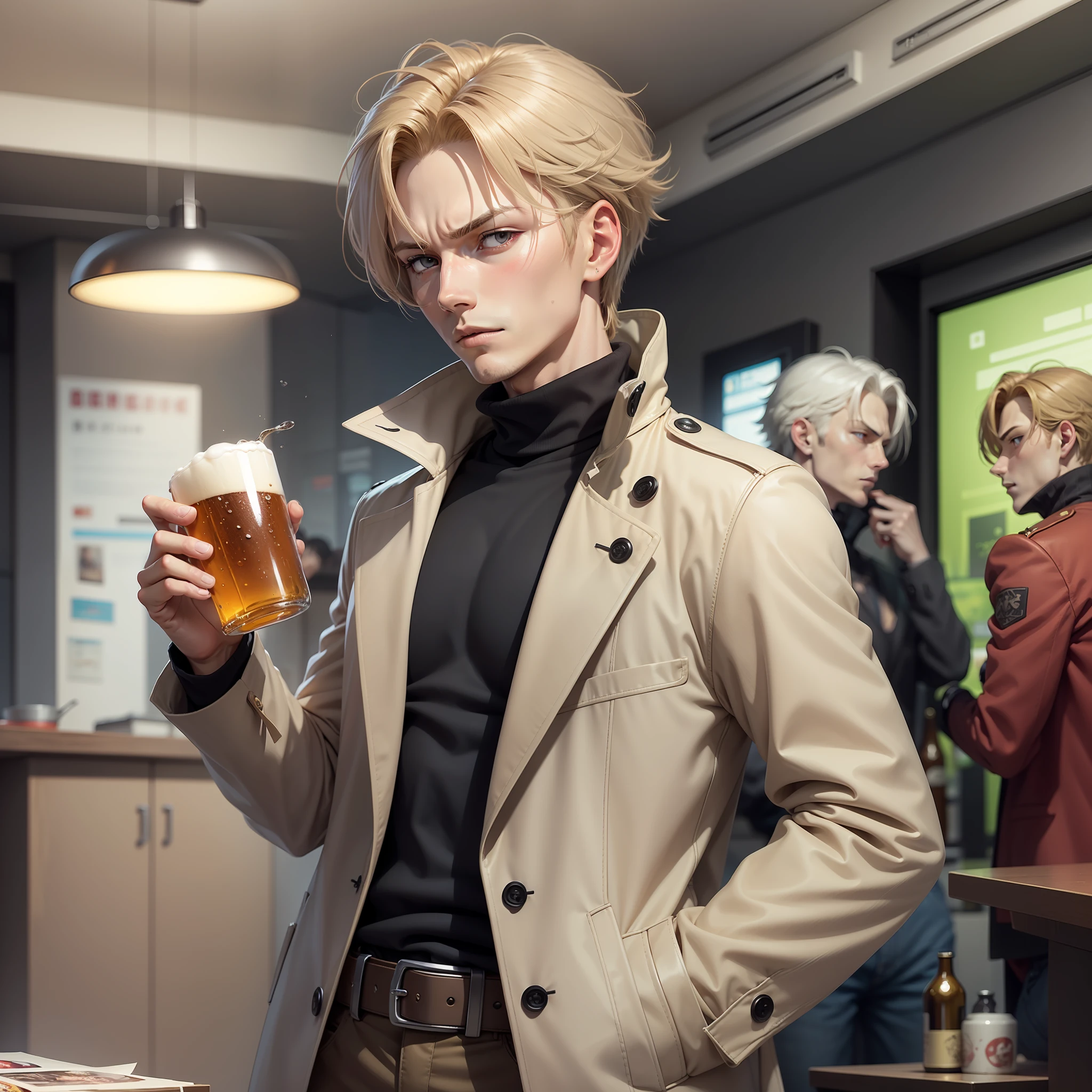 a man in a Brown overcoat, black turtleneck holding a bottle of beer, yukito kishiro, johan liebert mixed with dante, johan liebert, johan liebert mixed with alucard, smooth anime cg art, fujita goro, terada katsuya, kastuhiro otomo, aramaki shinji, screenshot from a 2012s anime