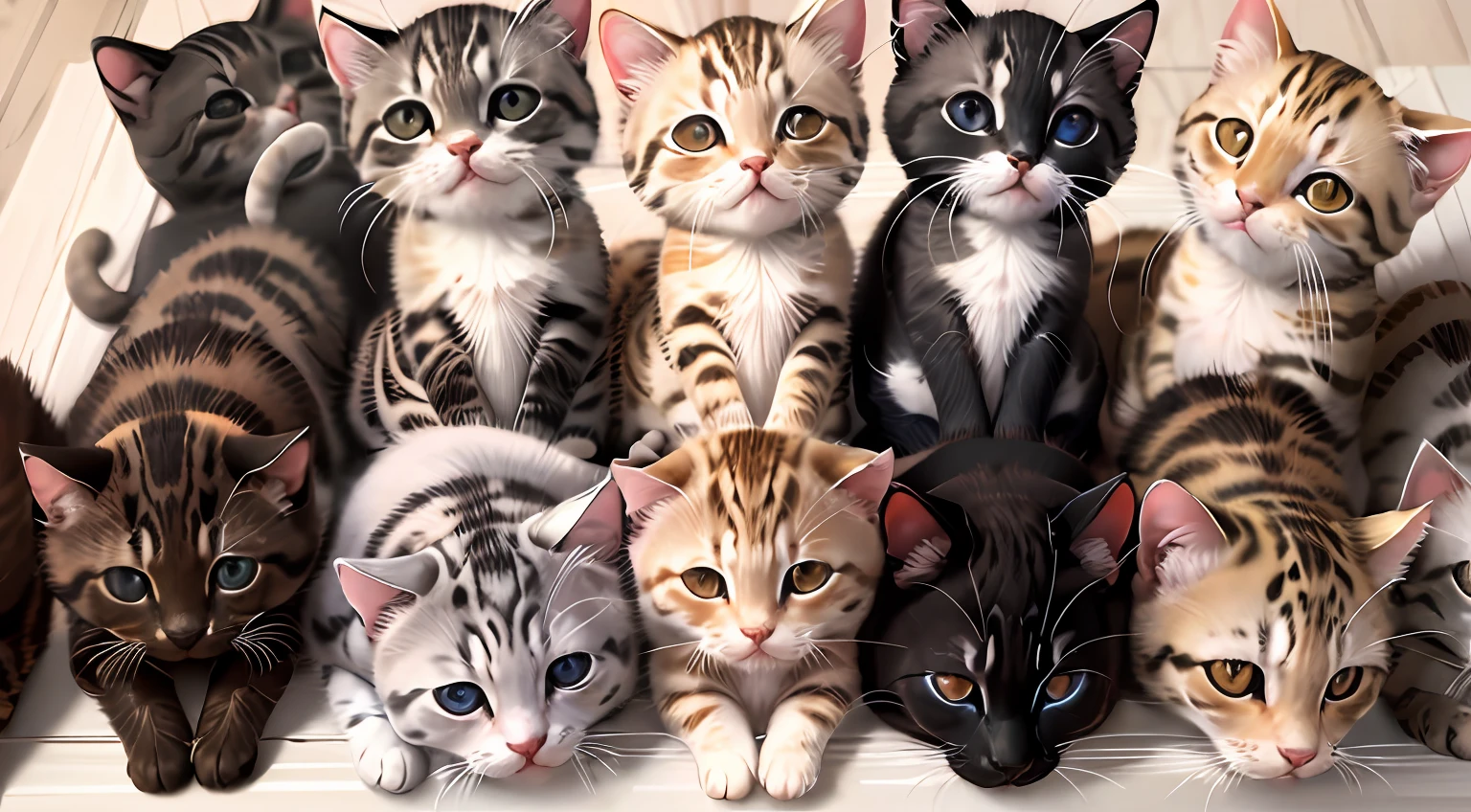 On white table, 10 kittens lying side by side on it, cute, cute, best quality, vivid expressions, 4K wallpaper
