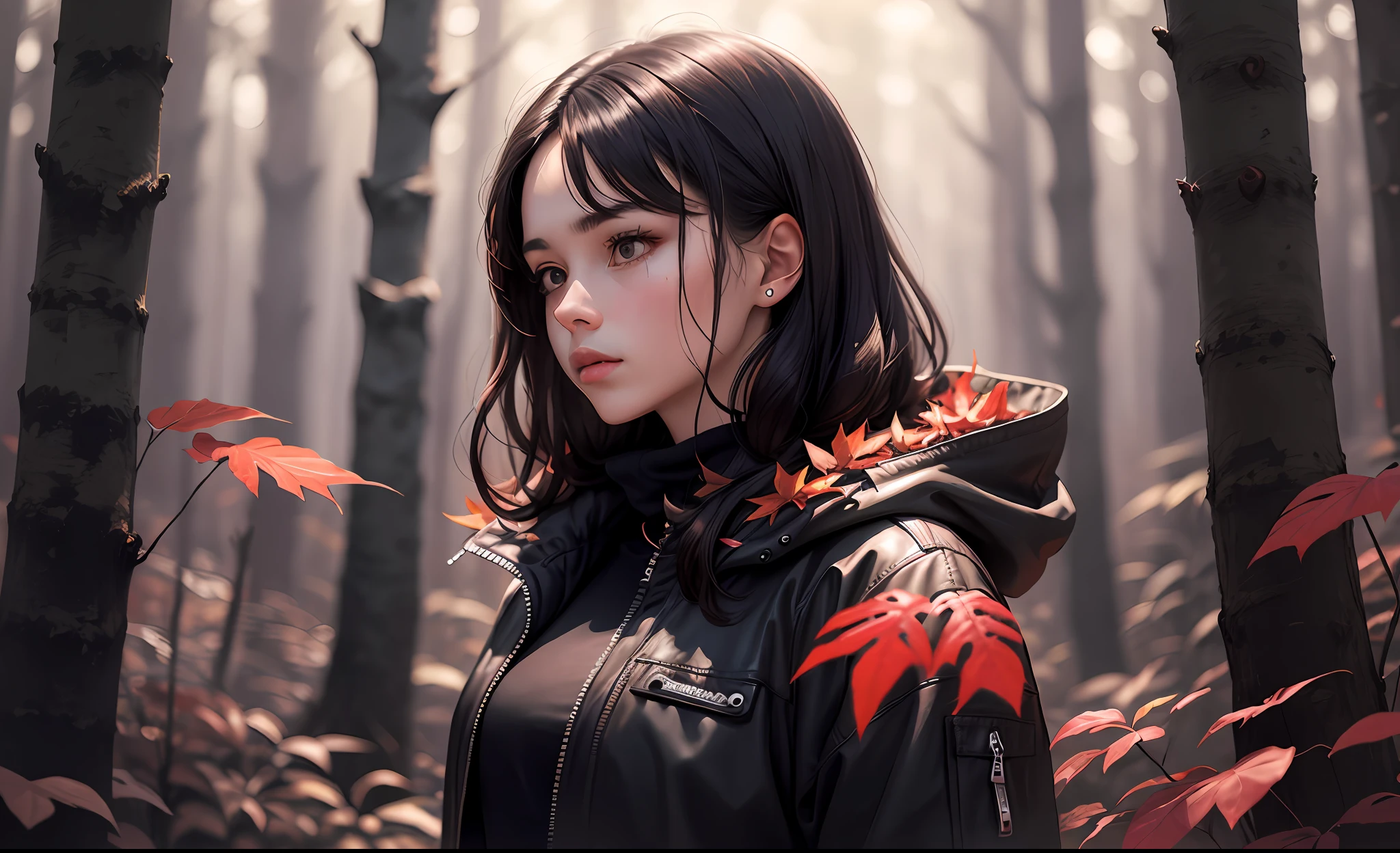 A young woman stands in a dark forest, surrounded by tall trees with red leaves. The person’s face is hidden by a blur, as if to protect their identity. They wear a black jacket and have dark hair that reaches their shoulders. The forest is dimly lit, creating a contrast between the red and black colors. The image evokes a sense of mystery and danger.