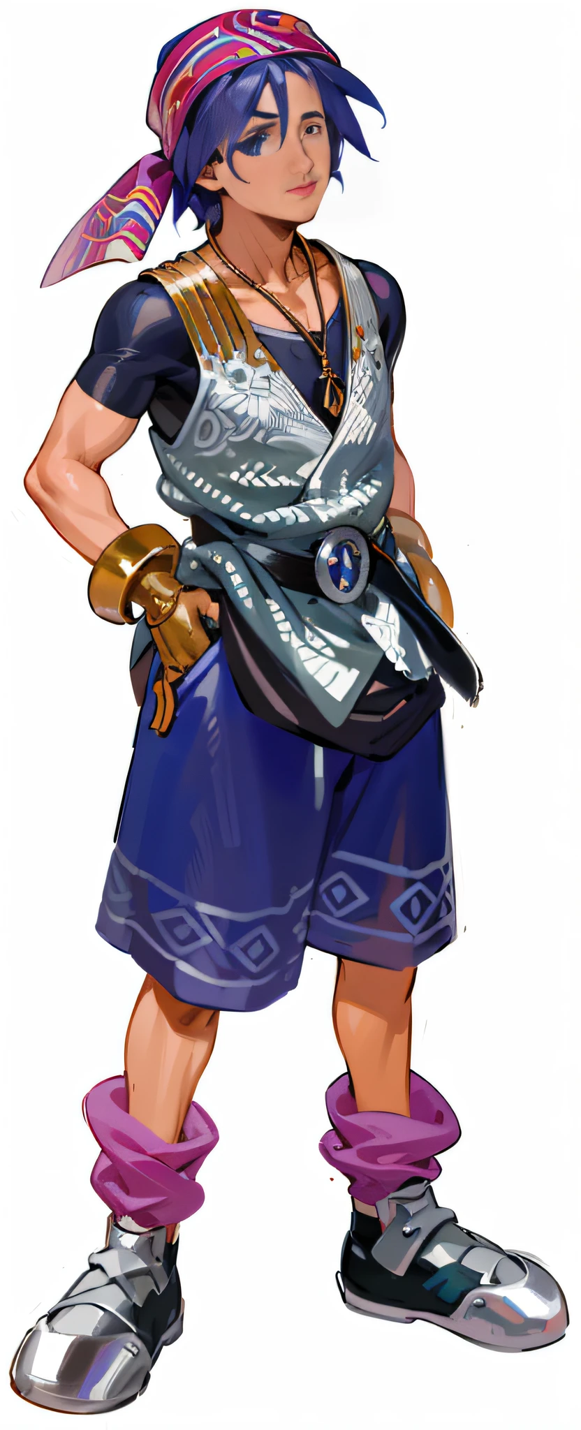 uma imagem de desenho animado de um homem com uma espada e uma bandana, detalhes do corpo inteiro, Close-up de corpo inteiro, corpo inteiro detalhado, wearing shiny breastplate, Iconic character of high detail, arte detalhada do personagem, design de roupa clara, conceito de corpo inteiro, com armadura escamosa, conceito detalhado de corpo inteiro, Personagem JRPG, corpo inteiro detalhado, Arte do personagem JRPG --auto