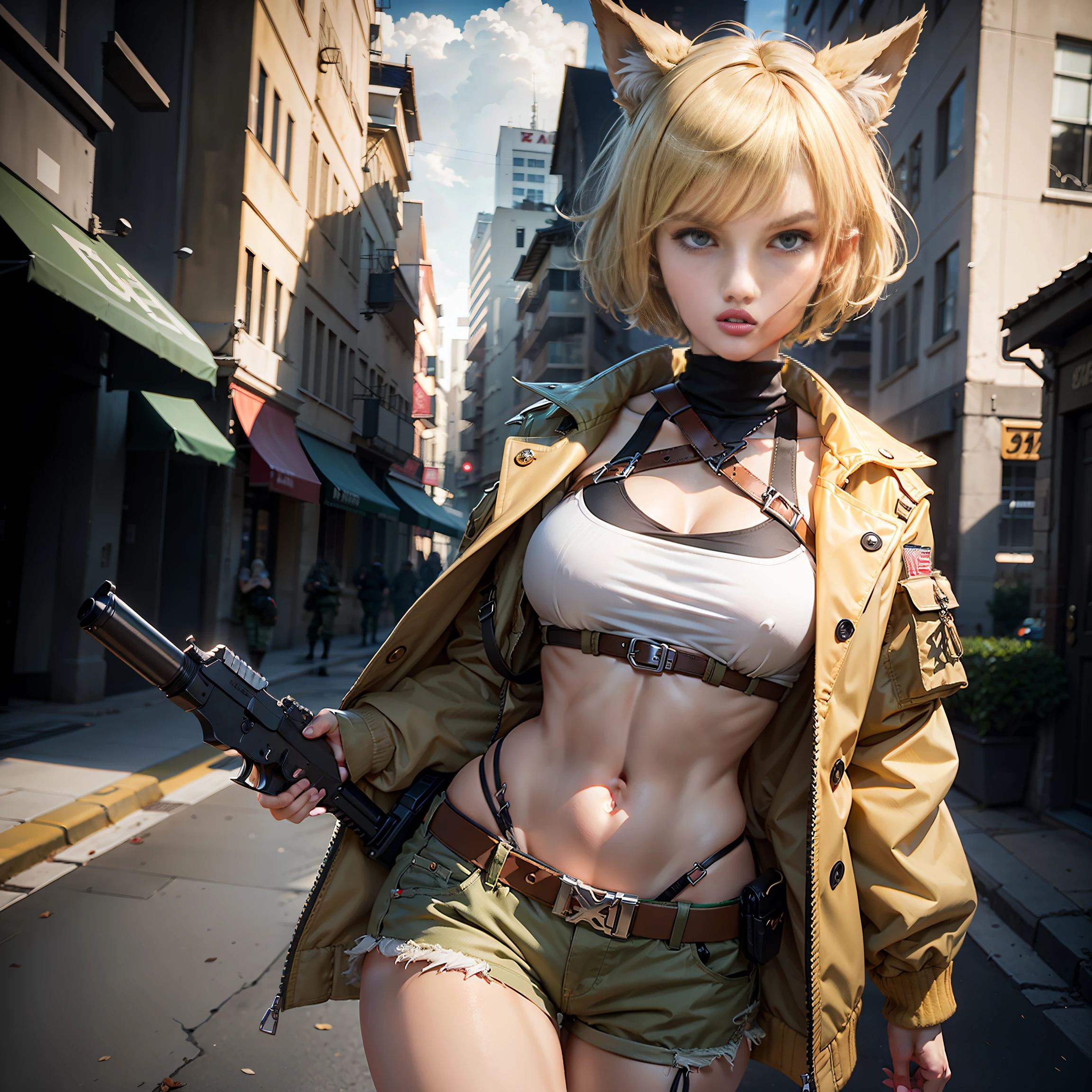 Realistic girl. 3d. Detailed. detailed hairstyle, hair light, Short Hair Hair, with short blonde hair, light blonde hair. square. Bob hairstyle. Yellow eyes. golden eyes. Jolly Girl. Military jacket. Military style. khaki. bellybutton. hason. Army shorts. khaki. Khaki spots. Wide strap, belts, Straps. Weapon on the belt. pistol on the belt. Holster. arma. wolf ears, wolf tail. gloomy background. Dark background. No ears