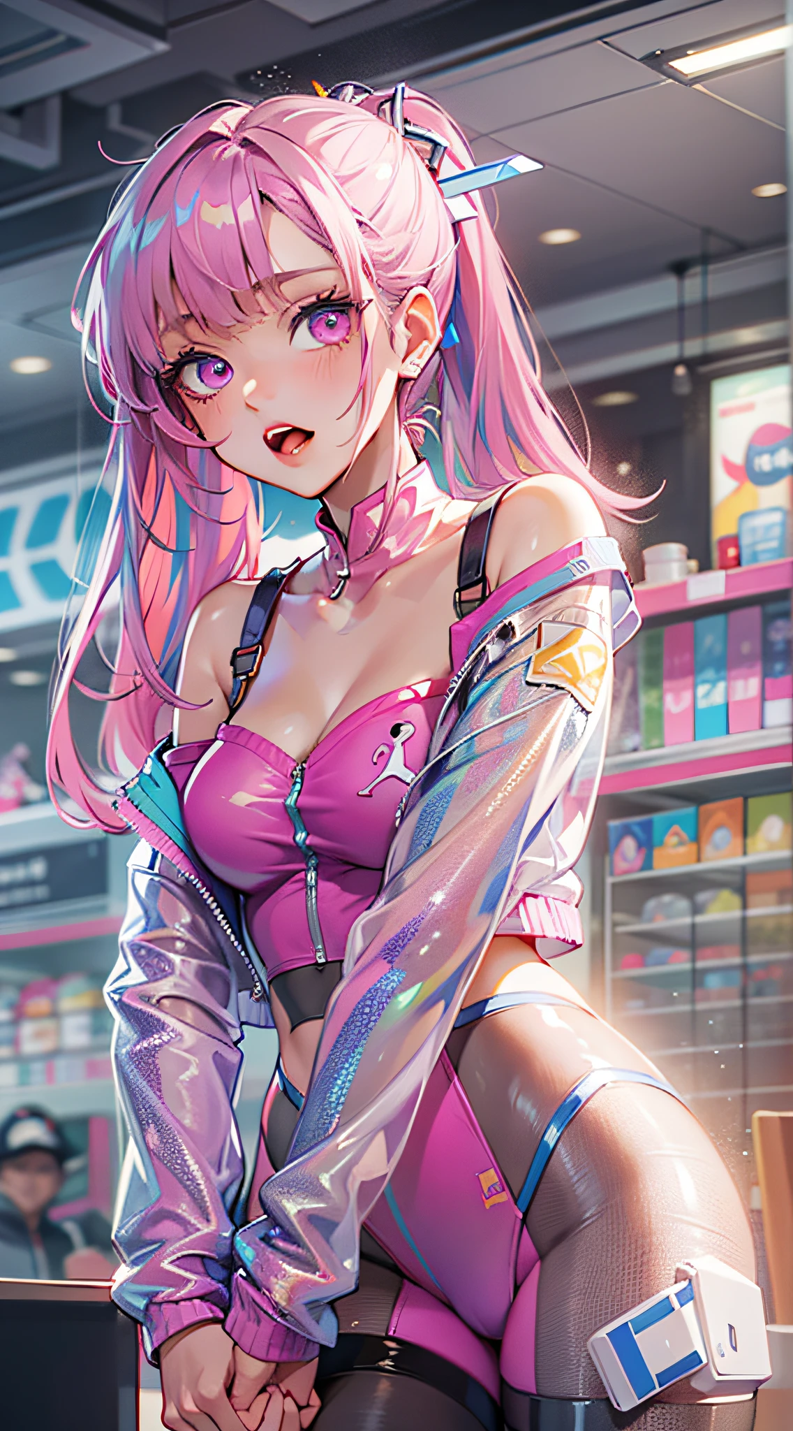 ((Masterpiece)), best quality, absurderes, ultra detailed, holographic, cowboy shot, golden ratio, super cute girl, mature girl, idol girl, super beautiful asian girl with very beautiful violet glowing eyes, beautiful glowing brown multicolored hair, high ponytail, nice and sexy body, slim body, perfect body, wearing a super tight anime printed leotard, an anime printed super tight off shoulder long sleeve crop top, a super aesthetic transparent mini jacket, beautiful hair ornament, pink jordan tennis, being photographed in a mall shop, with her handsome otaku skinny boyfriend, with black messy glowing hair