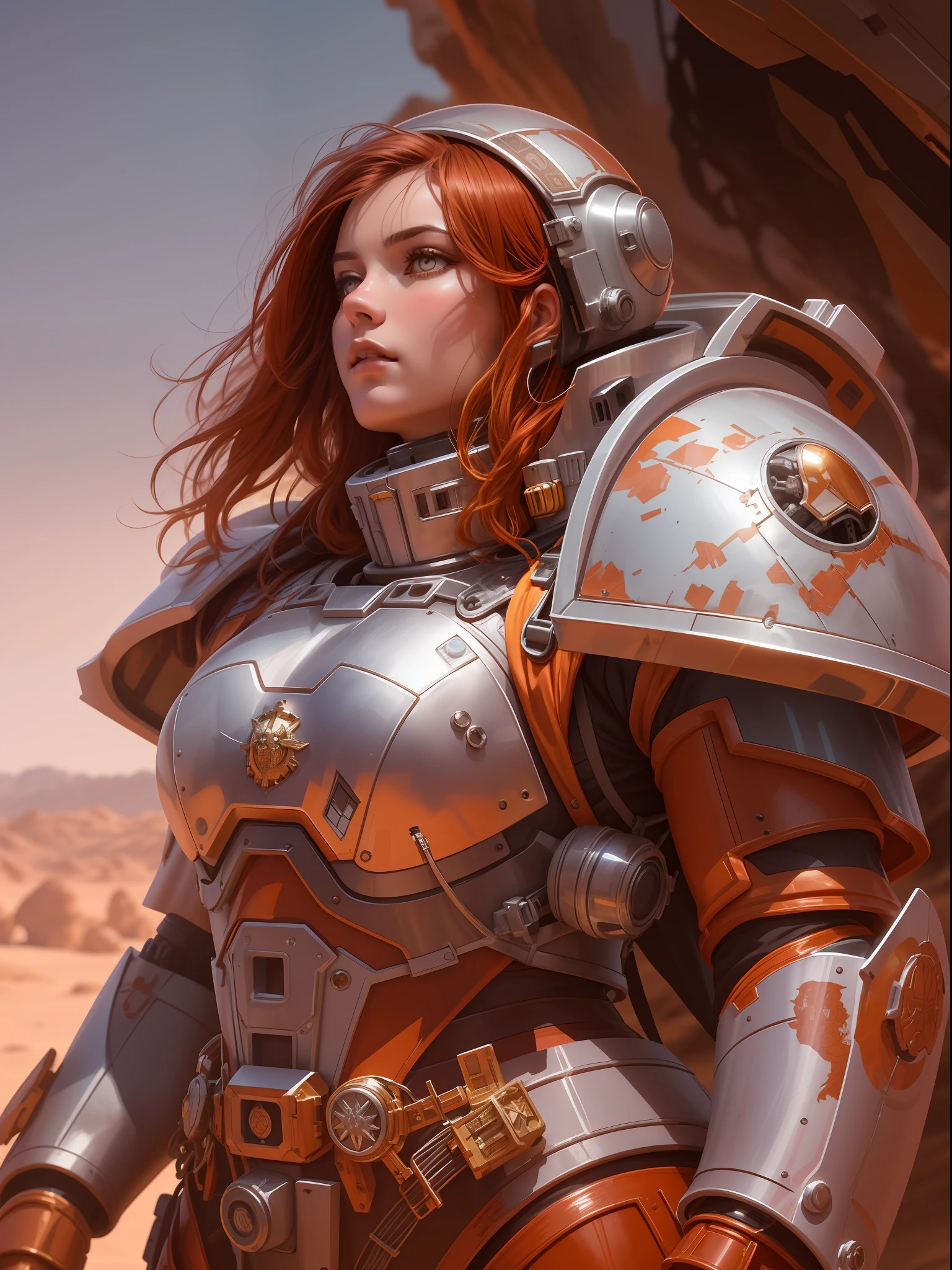 digital Portrait of a Space Marine woman, pronounced feminine feature, silver alloy metal and red heavy space armour, in the desert, detailed, cinematic composition, power space armour, intricate details, eerie, highly detailed, 8k, art by artgerm and greg rutkowski and alphonse mucha, poor quality photo, blurry, reflective metal, 4k, 8k