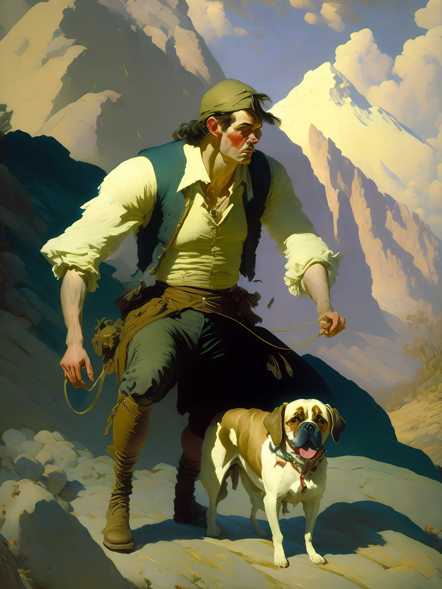 a painting of a man and a dog on a rocky path with a mountain in the background by N.C. Wyeth