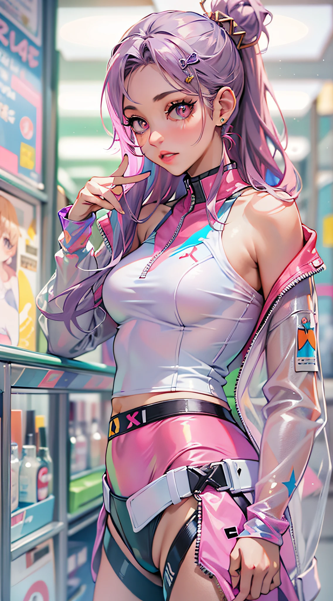 ((Masterpiece)), best quality, absurderes, ultra detailed, holographic, cowboy shot, golden ratio, super cute girl, mature girl, idol girl, super beautiful asian girl with very beautiful violet glowing eyes, beautiful glowing brown multicolored hair, high ponytail, nice and sexy body, slim body, perfect body, wearing a super tight anime printed leotard, an anime printed super tight off shoulder long sleeve crop top, a super aesthetic transparent mini jacket, beautiful hair ornament, pink jordan tennis, being photographed in a mall shop, with her handsome otaku skinny boyfriend, with black messy glowing hair