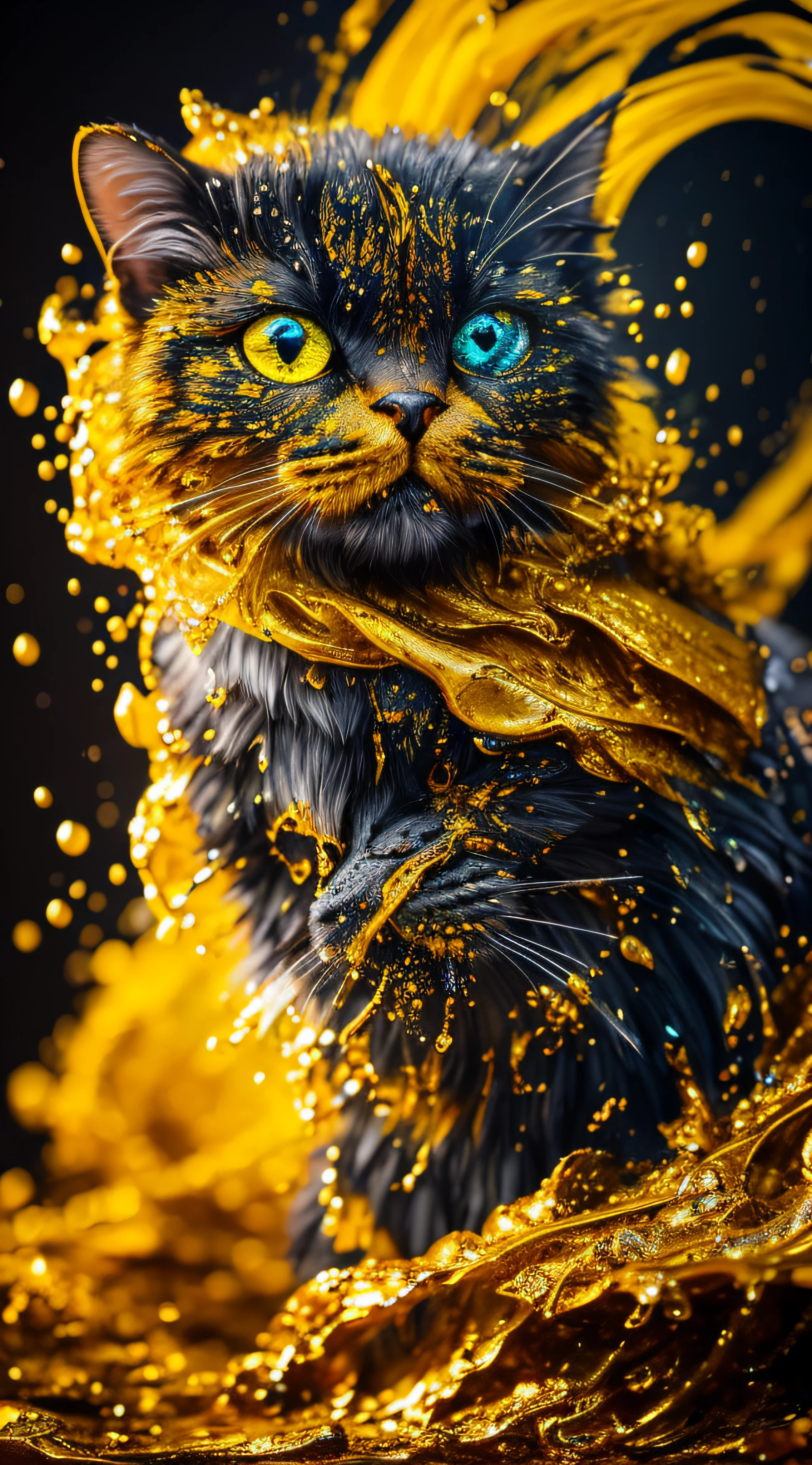 a cute little yellow fantasy animal, Hyperdetailed Eyes, Tee-Shirt Design, Line Art, Black Background, Ultra Detailed Artistic, Detailed Gorgeous Face, Natural Skin, Water Splash, Colour Splash Art, Fire and Ice, Splatter, Black Ink, Liquid Melting, Dreamy, Glowing, Glamour, Glimmer, Shadows, Oil On Canvas, Brush Strokes, Smooth, Ultra High Definition, 8k, Unreal Engine 5, Ultra Sharp Focus, Intricate Artwork Masterpiece, Ominous, Golden Ratio, Highly Detailed, Vibrant, Production Cinematic Character Render, Ultra High Quality Model --auto