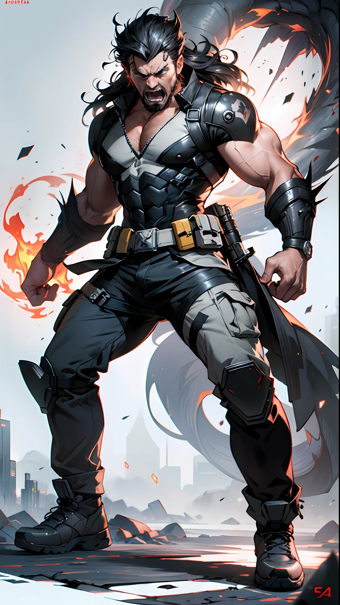 character sheet, full body front and back, cyberpunk marvel logan, fangs, claws, action pose, angry face, screaming, yelling, wild, tattered clothes, military boots, long wild hair, long beard, wolverine, White background, intricate detail, high detail, full color, perfect anatomy, centered, approach to perfection, 4k , cinematic dramatic atmosphere, artstation, concept art, fluid and sharp focus, volumetric lighting, cinematic lighting