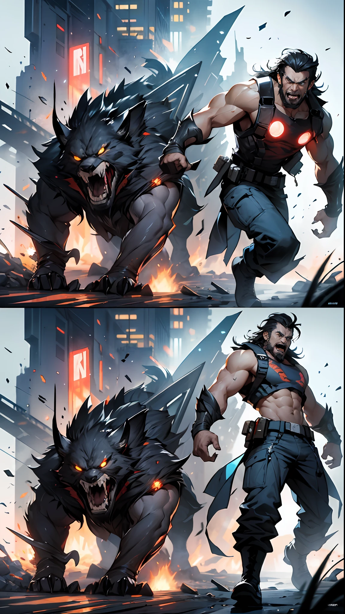 character sheet, full body front and back, cyberpunk marvel logan, fangs, claws, action pose, angry face, screaming, yelling, wild, tattered clothes, military boots, long wild hair, long beard, wolverine, White background, intricate detail, high detail, full color, perfect anatomy, centered, approach to perfection, 4k , cinematic dramatic atmosphere, artstation, concept art, fluid and sharp focus, volumetric lighting, cinematic lighting