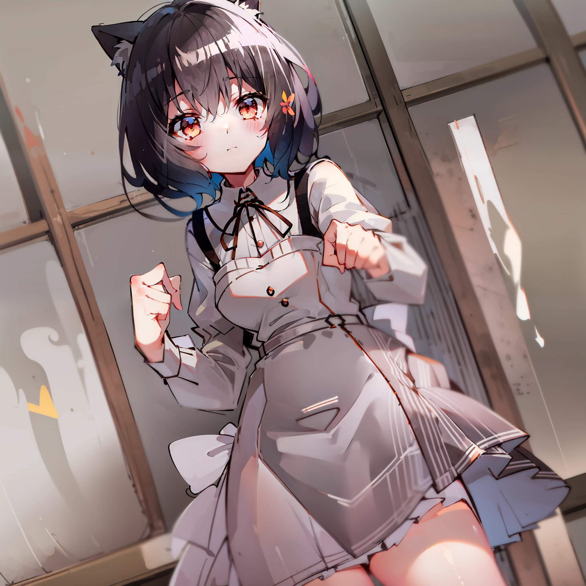 （巨作），Best Picture Quality，super detailing，Depicts a girl with short hair who matches her height ratio，The hand structure is correct，Wearing a solid color maid outfit，Equipped with cat ears，red color eyes，Cute and shy，Moe Moe。