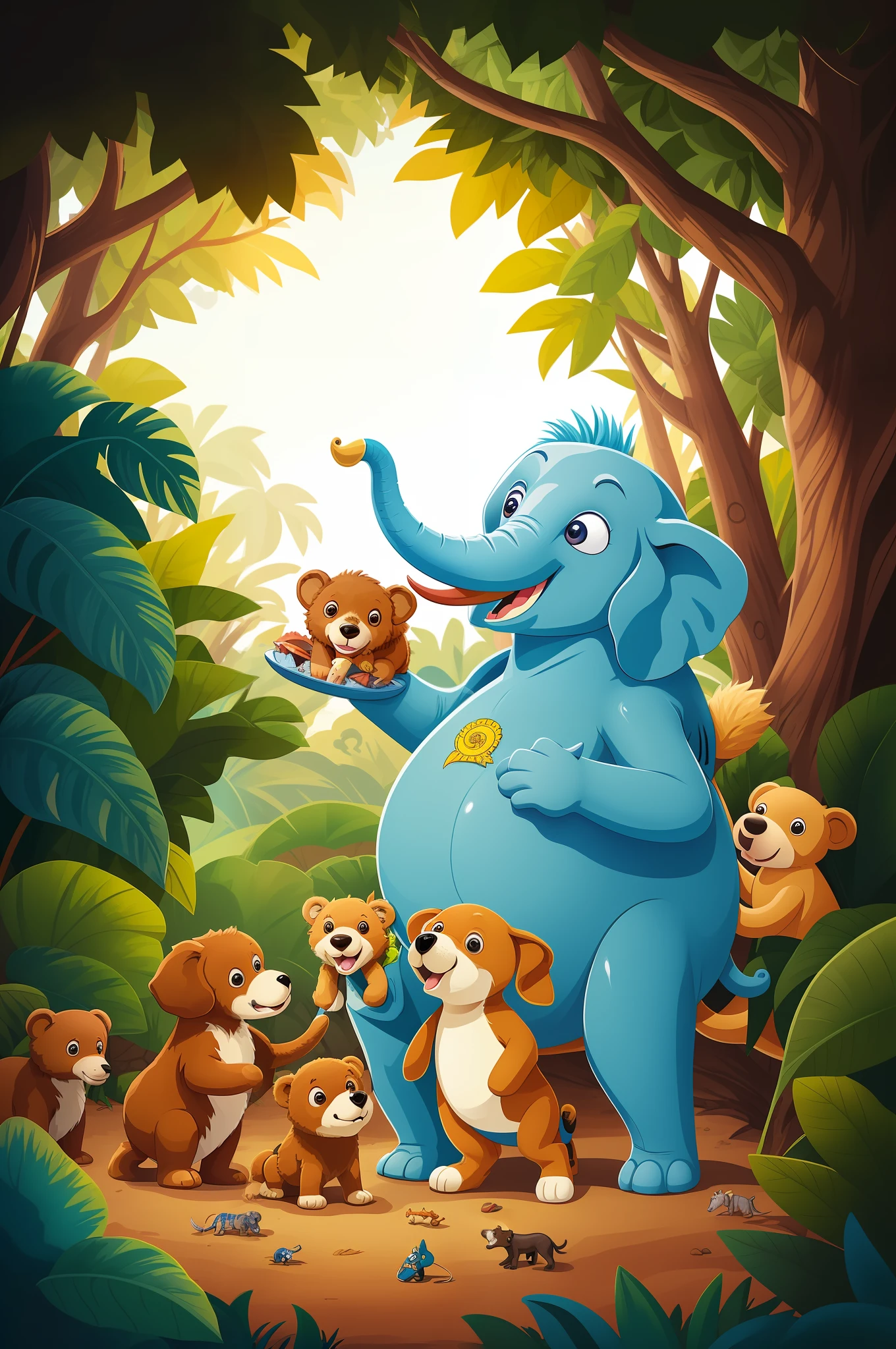Sapo, elefante, leone, urso, cachorro e passarinhos brincando