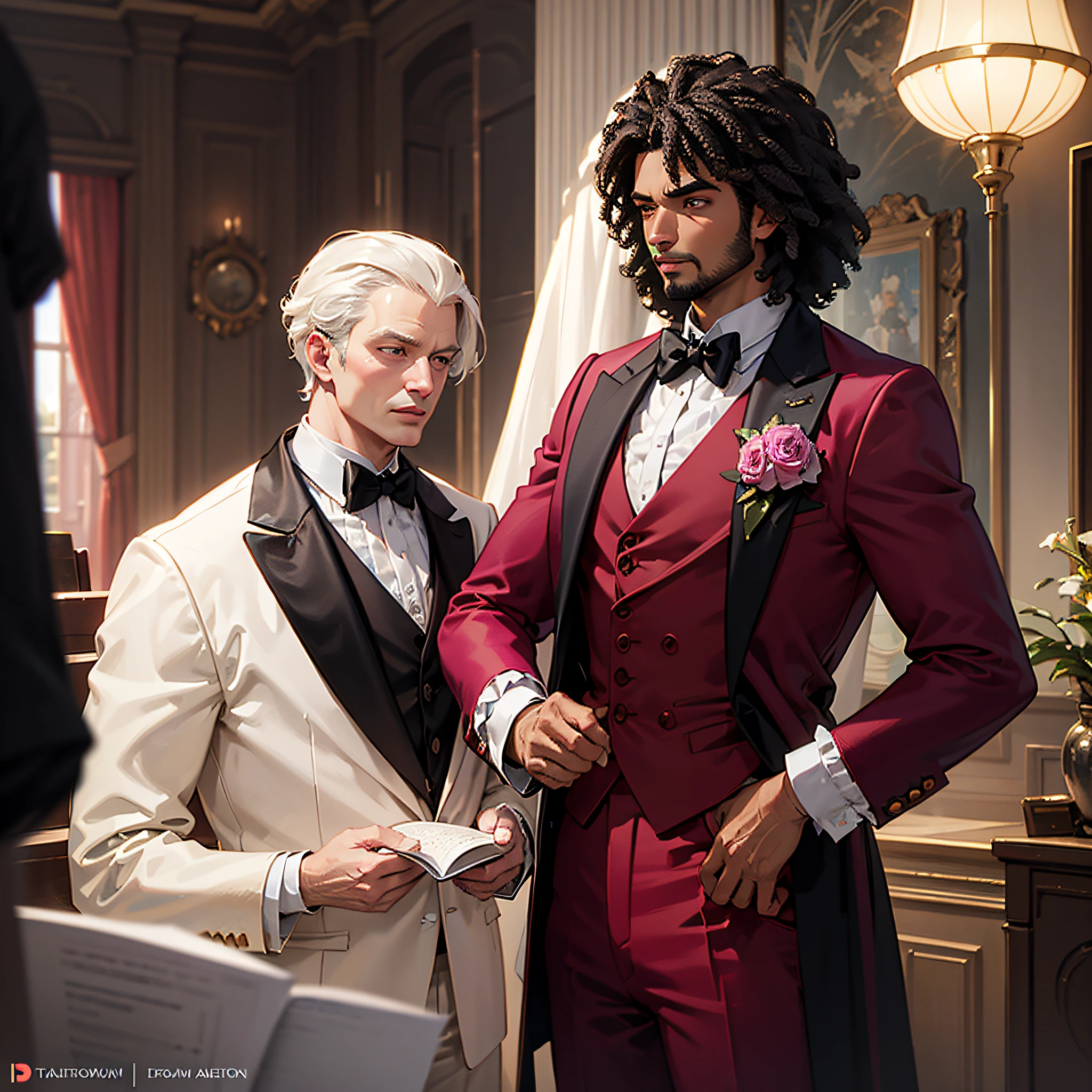 (best-quality:0.8), (best-quality:0.8), perfect anime illustration of a from inside of a fancy office, shallow depth of field, Detailed illustration, Indirect light, F/2.8, Kodak portra, Spirals, opulent, adobe lightroom, photolab, 1man, solo, Daveed Diggs, Thomas Jefferson from Hamilton the Musical, Magenta suit jacket, Magenta suit pants, black hair, afro, very curly hair, dark skin, handsome man, Victorian, muscular man --auto