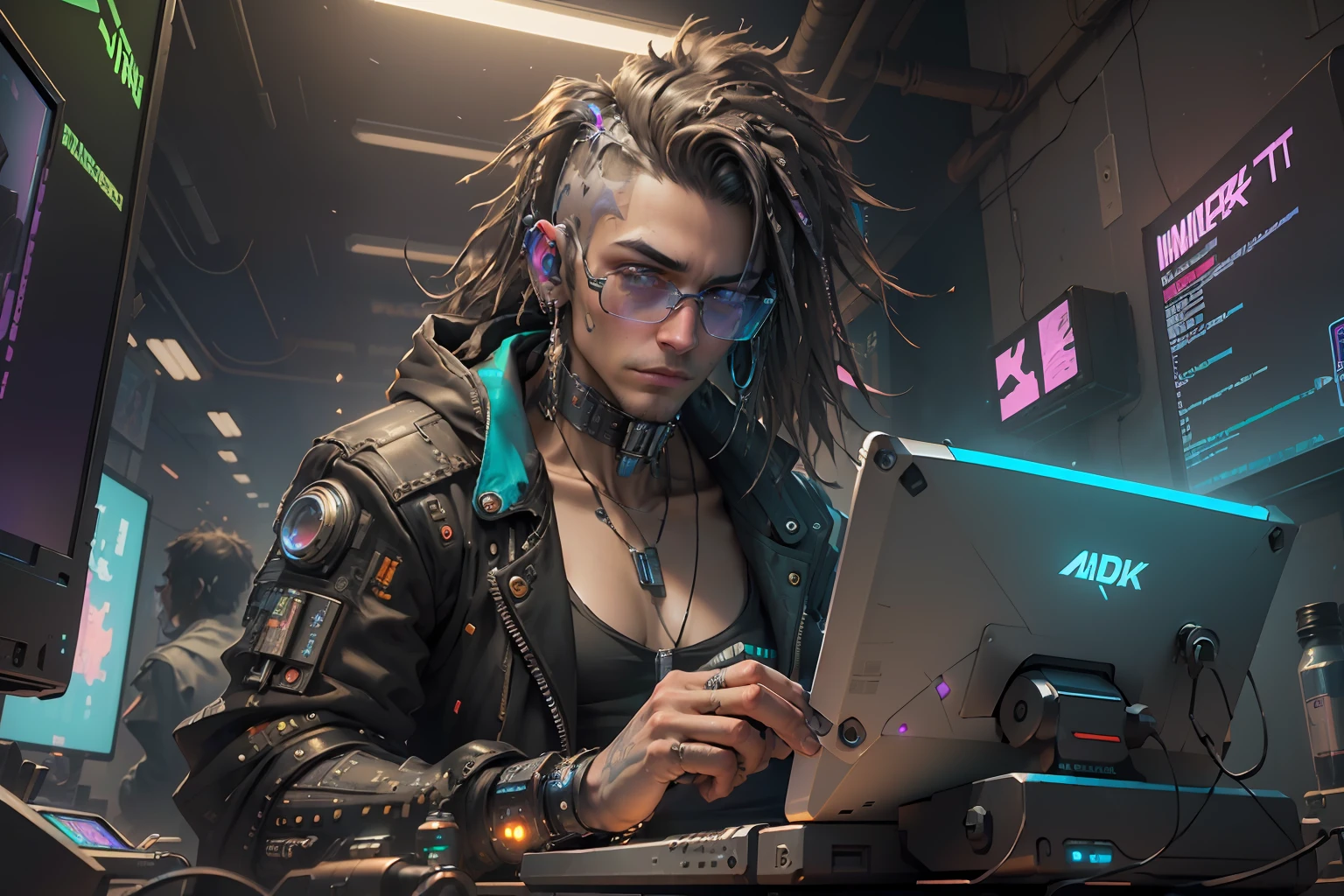 ((Best quality)), ((masterpiece)), (highly detailed:1.3), 3D, beautiful (cyberpunk:1.3) hacker man with thick voluminous hair operating a computer terminal