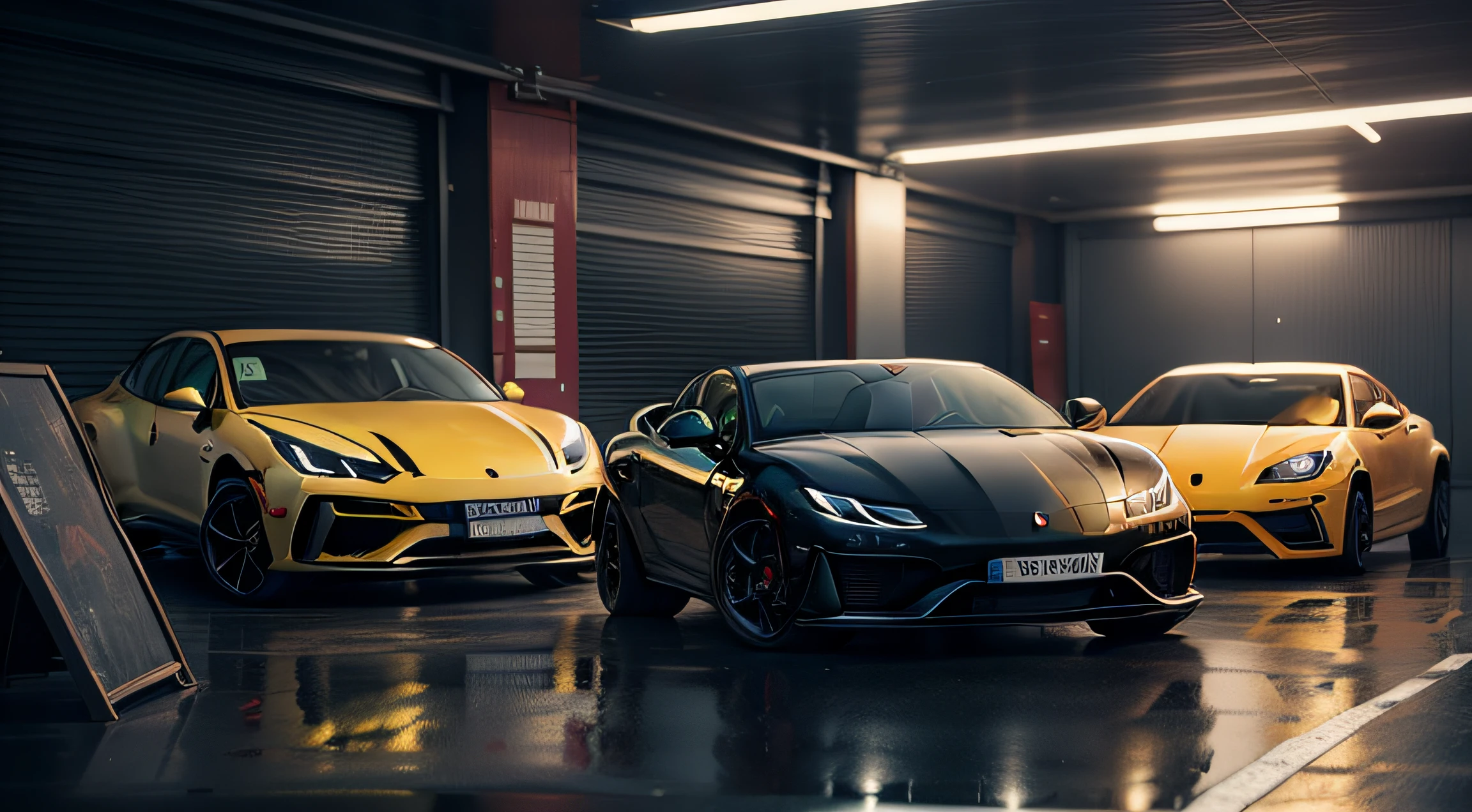 interior da garagem no fundo da imagem, carros em destaque, modelos dos carros, Lamborghini Gerenciar, Porsche Macan, Lamborghini Huracán Convertible, BMW 320i |, Surrealismo, realismo, Cinematic lighting, Nikon, Fujifilm, 16k, Altas, Detalhes altos, Premiado,