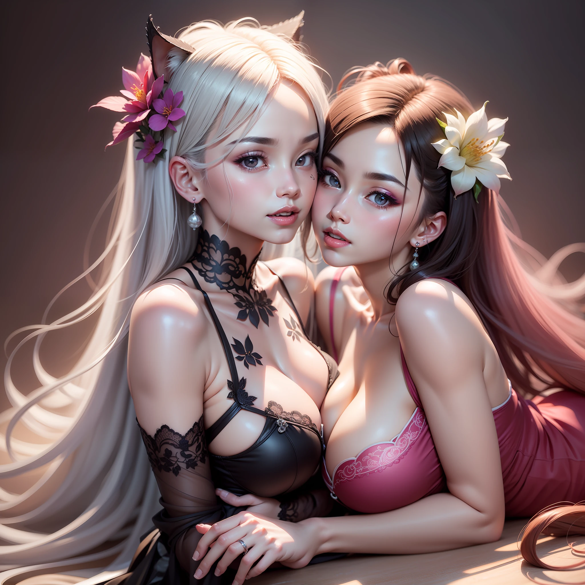 Best quality,Amazing,Masterpiece,Delicate,超高分辨率,Ultra detailed,intricately details,Beautiful detailed,8K resolution,(Extremely detailed Cg Unity 8K wallpaper),Sharp focus,((No text)),breast conscious,Huge bare breasts,Areola bareness,Bare breasts explode,Lively bare breasts,Bare breasts,High transparency and transparency of bikini tearing,,Tongue stock,Makeup,Happy,Reflectors,ahegao,Pink eyes,Heart earrings,2girls,Female pervert,view the viewer,hair flower,Long hair,multicolored hair,Shiny hair,Barefoot,Bottomless,Thick thighs,Bare legs,Look at each other from the front、((Feminine kiss))、(((French kiss for women)))、Women hugging each other,As if pushing each other、Staring at each other、Moist eyes、half-open lips、Beautiful、Red blush(0.2)、Functional、seductiv、Trance、instigate、Beauty、bustup、Shunguang、、Shoot diagonally down from the front、precise drawing、Detailed drawing、Precise anatomy、