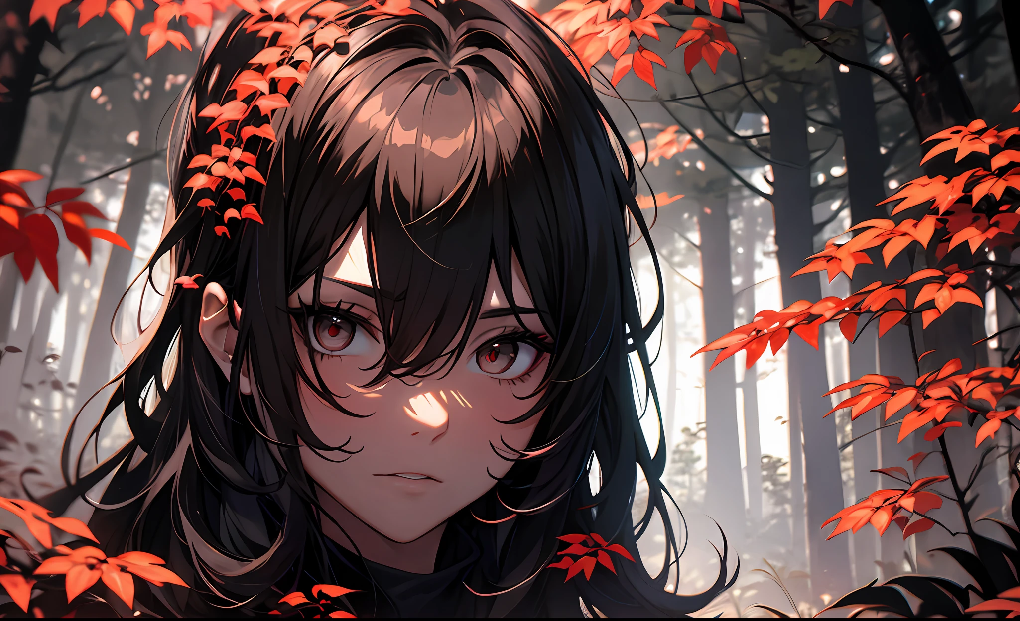 A young woman stands in a dark forest, surrounded by tall trees with red leaves. The person’s face is hidden by a blur, as if to protect their identity. They wear a black jacket and have dark hair that reaches their shoulders. The forest is dimly lit, creating a contrast between the red and black colors. The image evokes a sense of mystery and danger.
