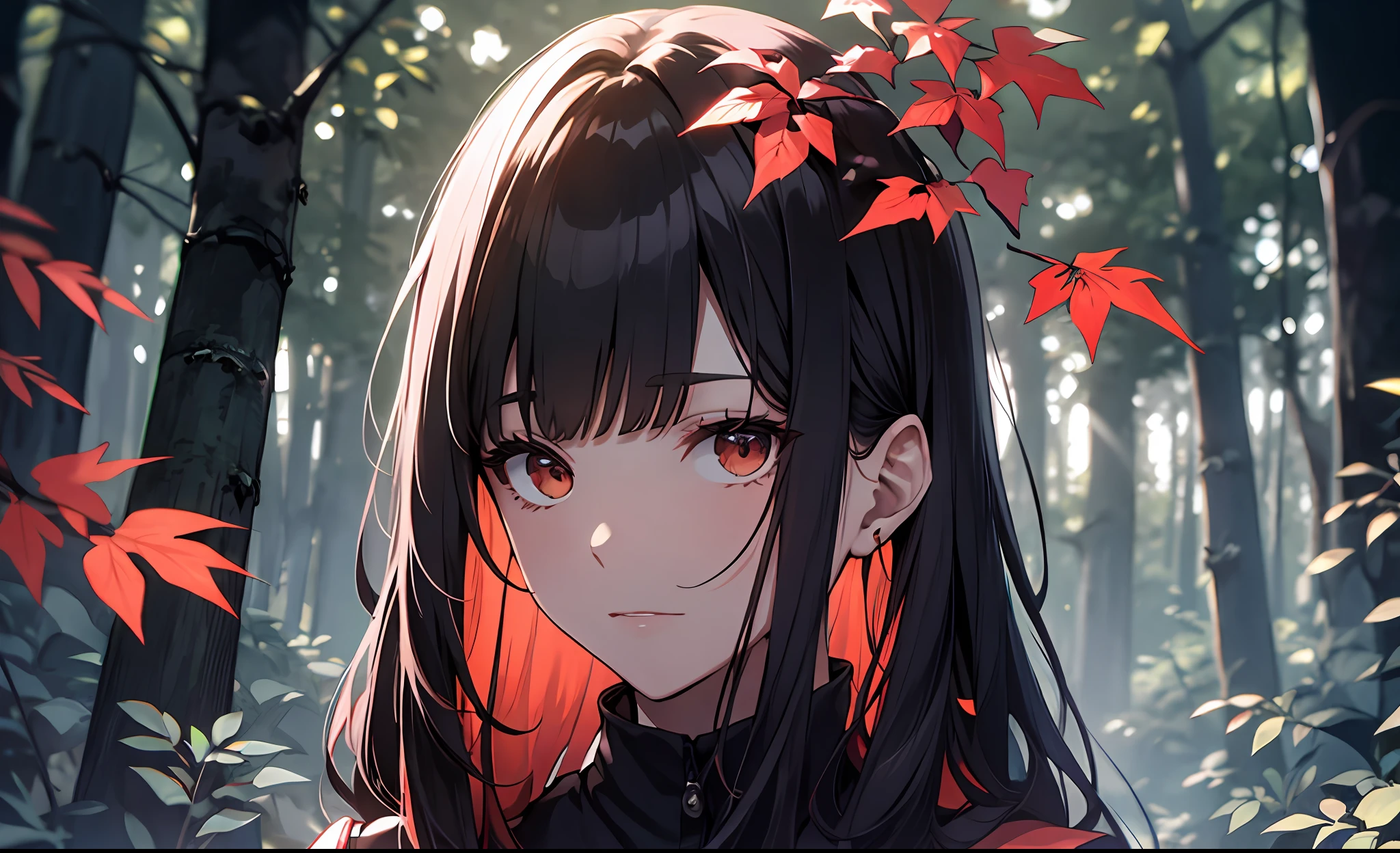 A young woman stands in a dark forest, surrounded by tall trees with red leaves. The person’s face is hidden by a blur, as if to protect their identity. They wear a black jacket and have dark hair that reaches their shoulders. The forest is dimly lit, creating a contrast between the red and black colors. The image evokes a sense of mystery and danger.