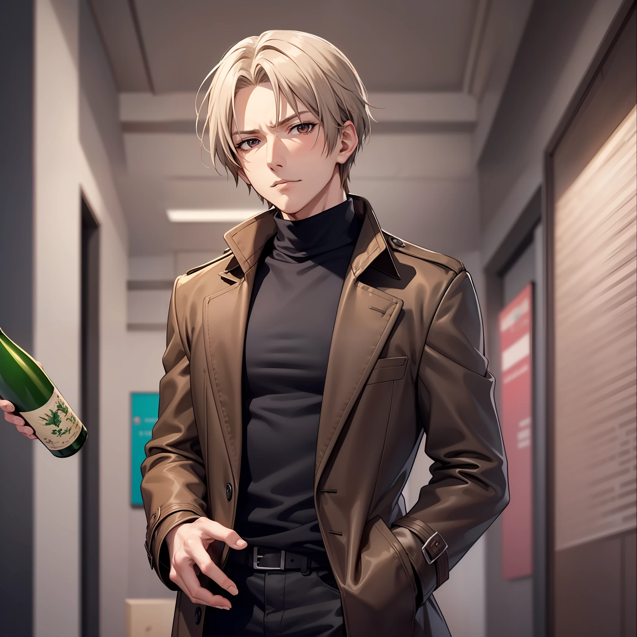 a man in a Brown overcoat, black turtleneck ​holding a bottle of beer, yukito kishiro, johan liebert mixed with dante, johan liebert, johan liebert mixed with alucard, smooth anime cg art, fujita goro, terada katsuya, kastuhiro otomo, aramaki shinji, screenshot from a 2012s anime