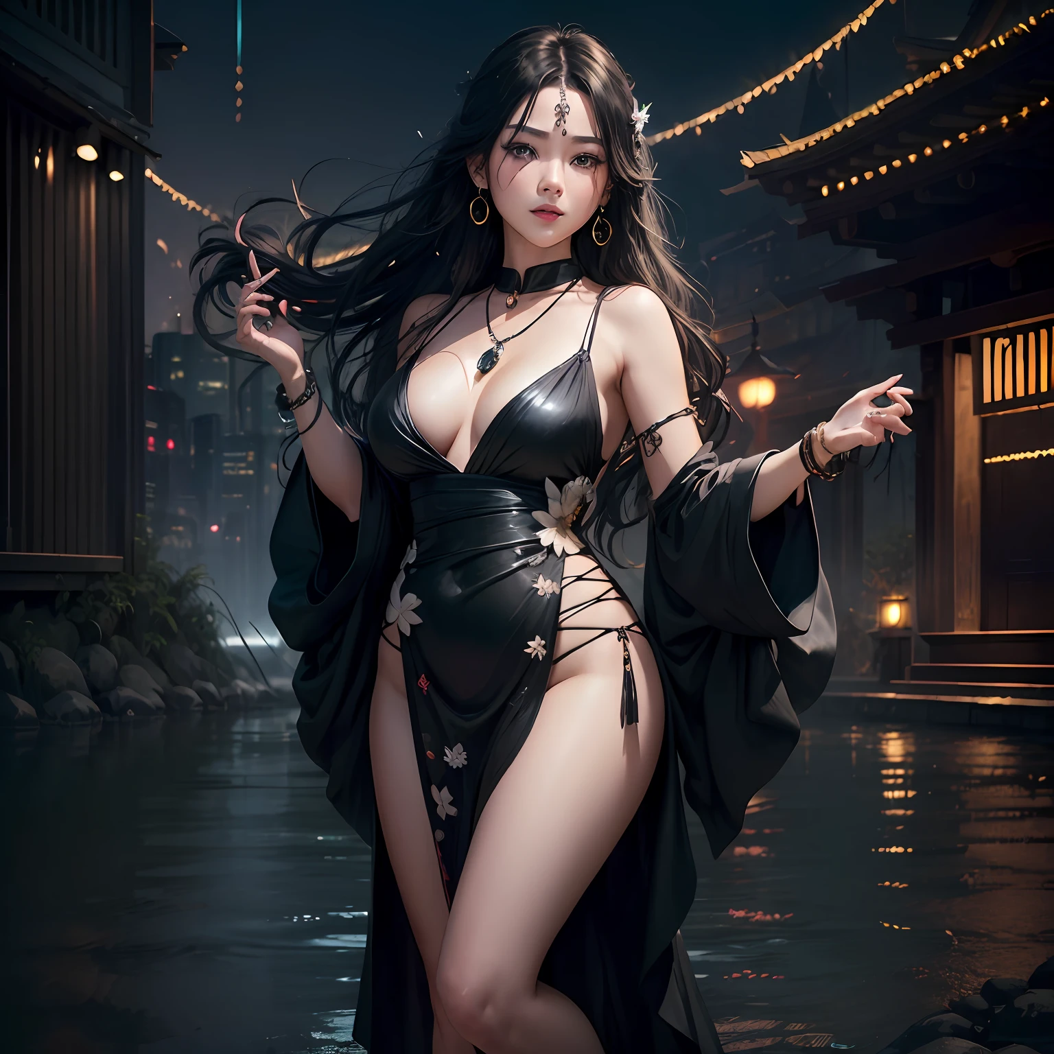 night,(night:1.8),(city lights:1.9),(black theme,),in summer,onsen,(nature:1.9),1girl,full body,black hair,very long hair,grin,sexy,unaligned breasts, dynamic angle,dynamic pose,outdoors,chinese style architecture,High color saturation,Color saturation,(jewelry:1.9),putting on jewelry, Warm light,Warm light,
ray tracing,cinematic lighting,(raw photo:1.2), (photorealistic:1.4), absurdres, incredibly absurdres, huge filesize , ultra-detailed, highres, extremely detailed,best quality ,masterpiece, illustration, an extremely delicate and beautiful, extremely detailed ,CG ,unity ,8k wallpaper, Amazing, finely detail, masterpiece,best quality, pureerosface_v1,ulzzang-6500-v1.1, --auto