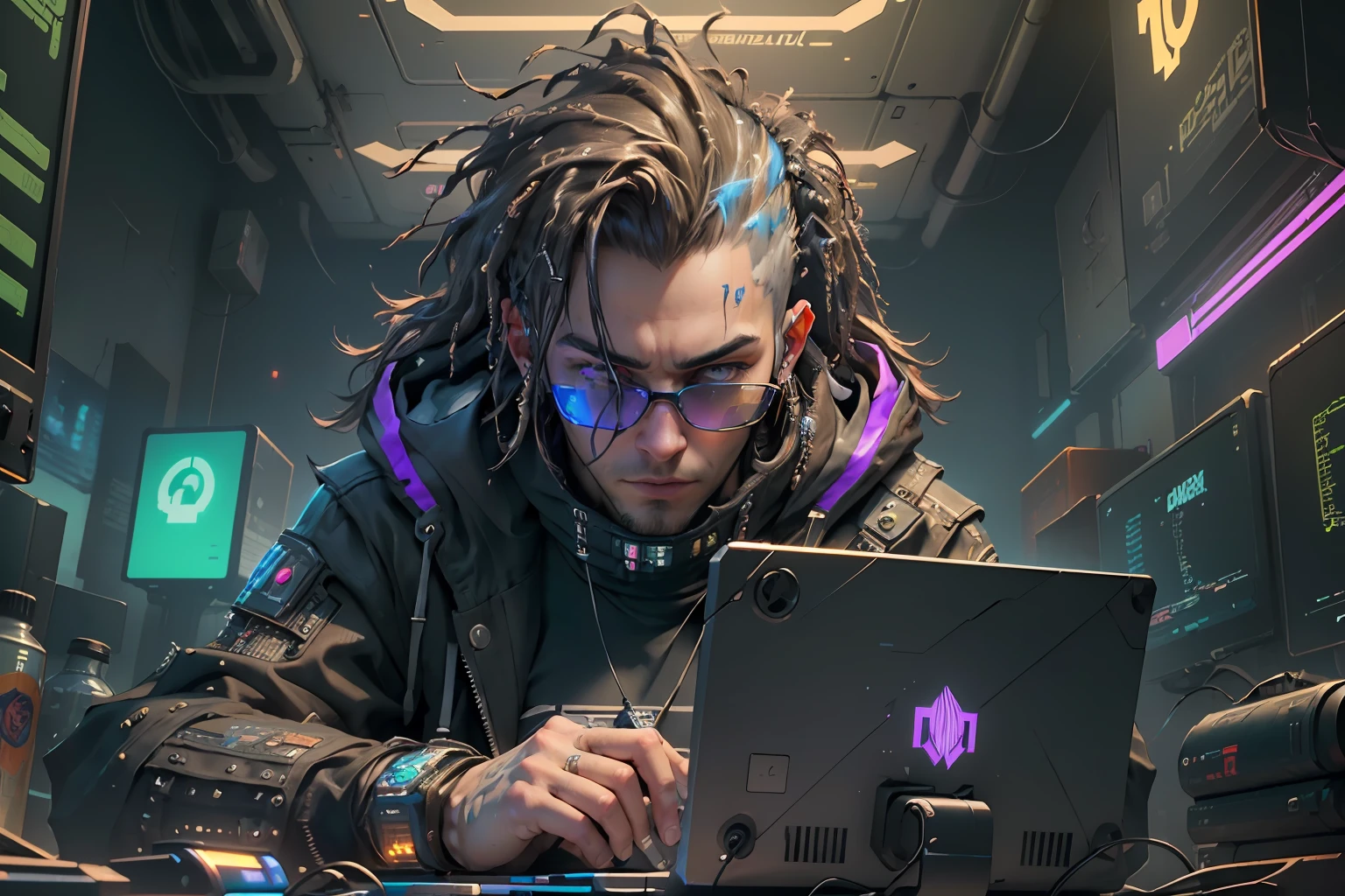 ((Best quality)), ((masterpiece)), (highly detailed:1.3), 3D, beautiful (cyberpunk:1.3) hacker man with thick voluminous hair operating a computer terminal