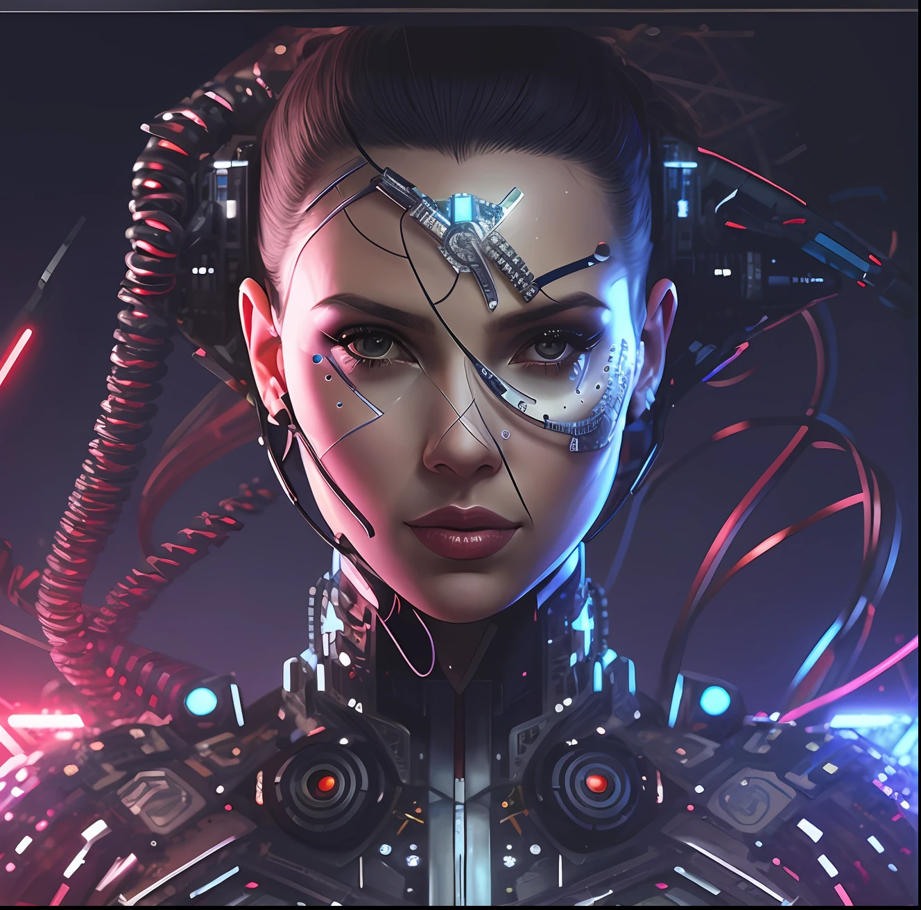 a closeup of Scarlett Johansson with a futuristic headpiece and a futuristic suit, ciborgue, ciborgue - meninana bonitrgue, ciborgue cyberpunk, cara bonita da menina cyberpunk, cyberpunk hiper-realista, O retrato da menina cyberpunk, cyberpngada deusa linda, Retrato de um ciborgue cyberpunk, cyberpunk menina bonita, mulher ciborguerpunk robotic elvish queen, female cyborg perfect sharp focus, 8K