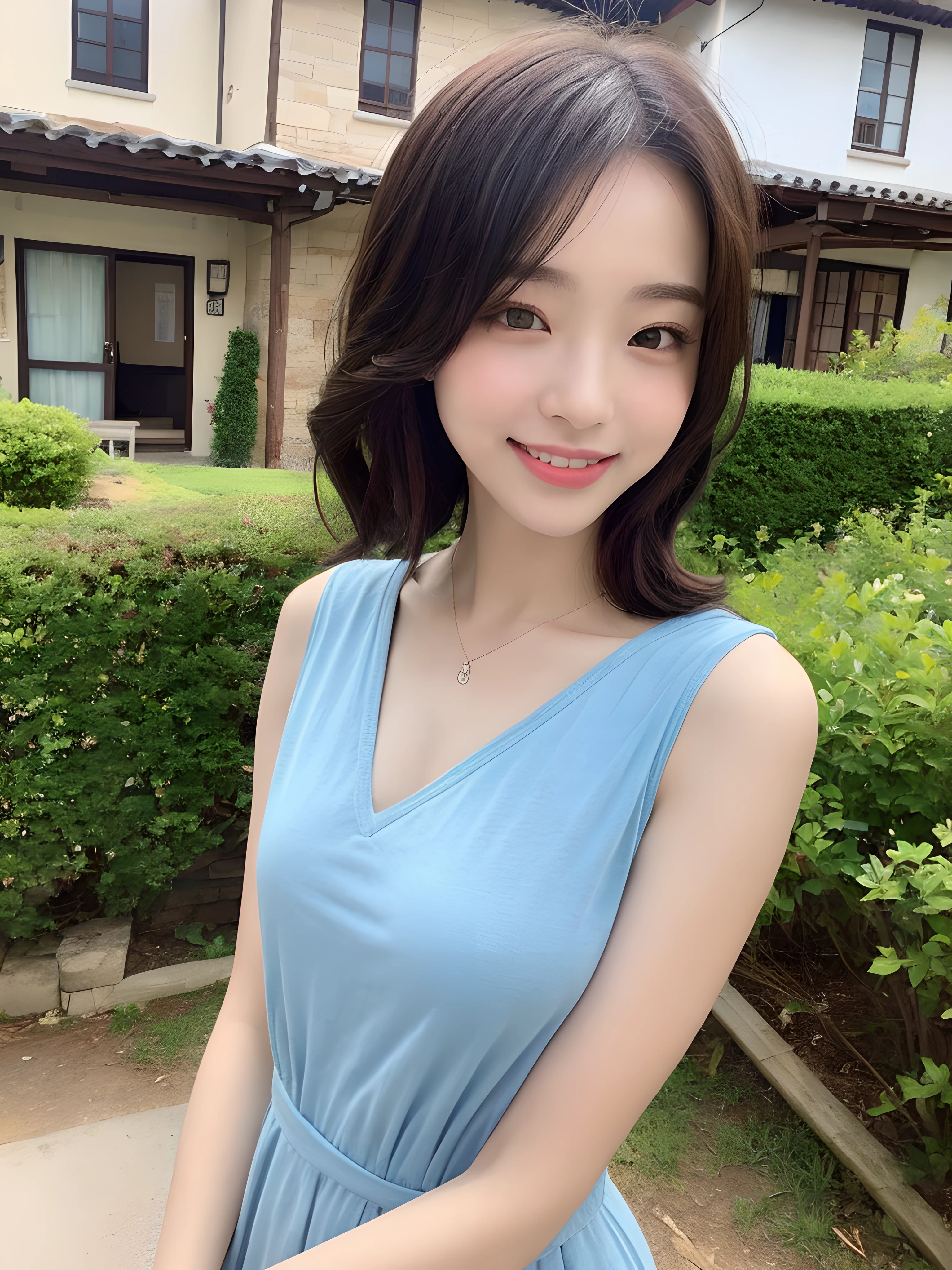 (((Best image quality,8K quality),tmasterpiece)), Drawing style tag: Natural casual hairstyle:1.2, dress detailed:1.1, The body emphasized: 1. Slender female abs:1.3, plumw:1.2, Summary of body details: Refined face:1, 二重まぶた:1, ssmile:1, Picture scene details: Beautiful village, Female life.