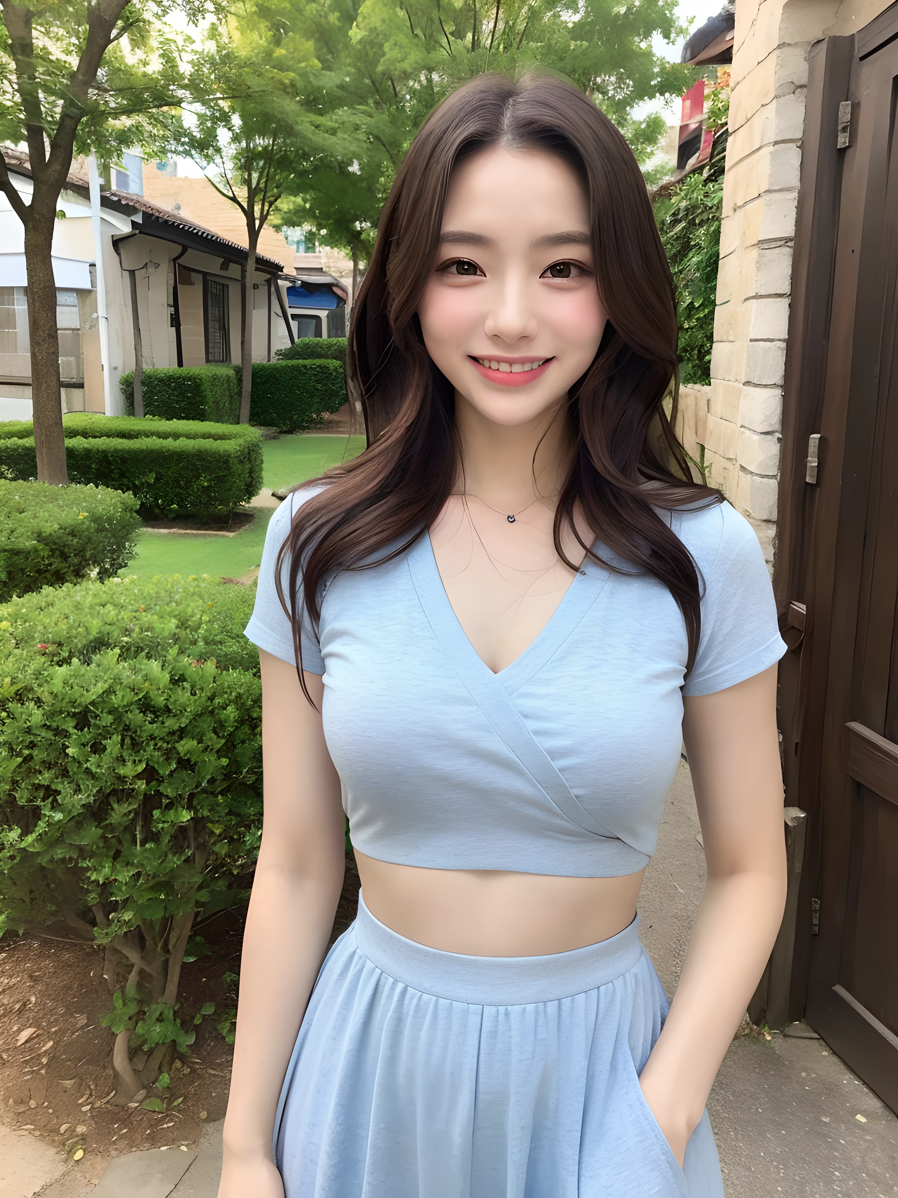 (((Best image quality,8K quality),tmasterpiece)), Drawing style tag: Natural casual hairstyle:1.2, dress detailed:1.1, The body emphasized: 1. Slender female abs:1.3, plumw:1.2, Summary of body details: Refined face:1, 二重まぶた:1, ssmile:1, Picture scene details: Beautiful village, Female life.