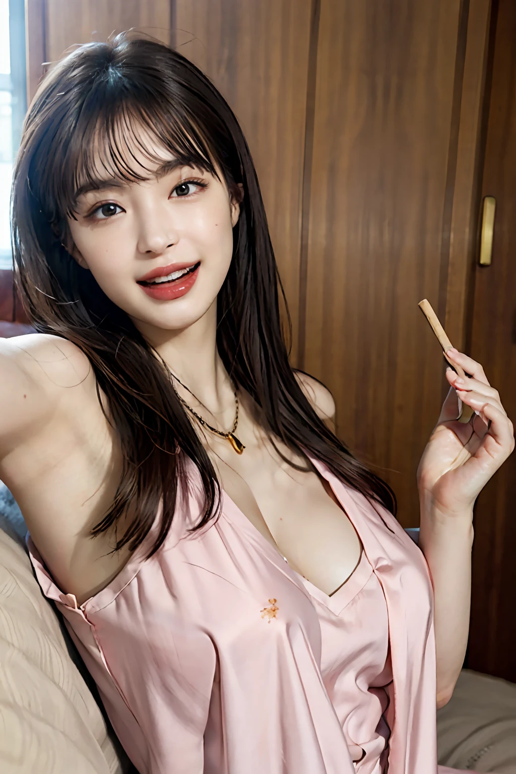 masterpiece、top-quality、realisitic、(A hyper-realistic), (illustratio), (hight resolution), (8K), (ighly detailed), (The best illustrations), (beatiful detailed eyes), (top-quality), (ultra-detailliert), (masterpiece), (wall-paper), (详细的脸), a bed、Upper body close-up,Armpit, A smile,Plump,独奏,(Wearing a pink silk plunged open shirt:1.5), full of sweat, japanes, large full breasts, (camel's toe)、huge-breasted、Luxury living room、Detailed white teeth、ultimate beauty girl、No bra、(Thick necklace of gold)、perfect teeth、Brown hair、Light makeup、Navel、Beautiful huge areola、Open your mouth wide、stick all tongues out of the mouth、