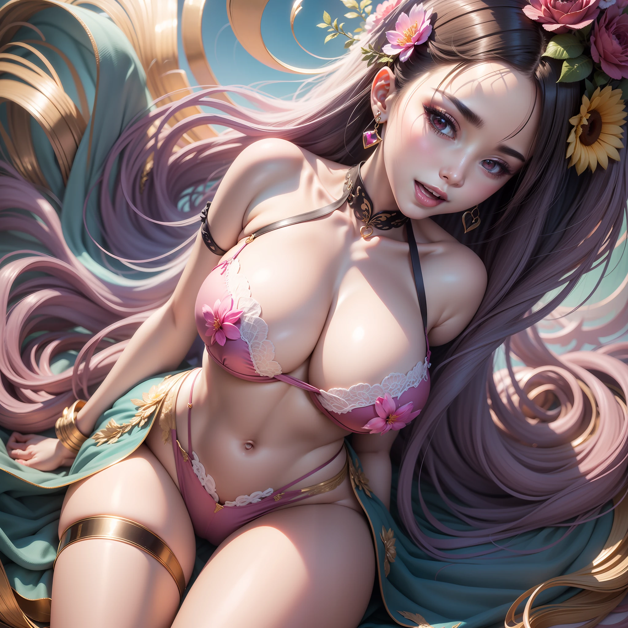 Best quality,Amazing,Masterpiece,Delicate,超高分辨率,Ultra detailed,intricately details,Beautiful detailed,8K resolution,(Extremely detailed Cg Unity 8K wallpaper),Sharp focus,((No text)),breast conscious,gigantic cleavage breasts,Areola Slip,Covered,Bursting breasts,Lively breasts,framed breasts,Miniature bikinis with high transparency and transparency,Tongue stock,Makeup,Happy,Reflectors,ahegao,Pink eyes,Heart earrings,1girll,Solo,Female pervert,view the viewer,hair flower,Long hair,multicolored hair,Shiny hair,Barefoot,Bottomless,Thick thighs,Bare legs,