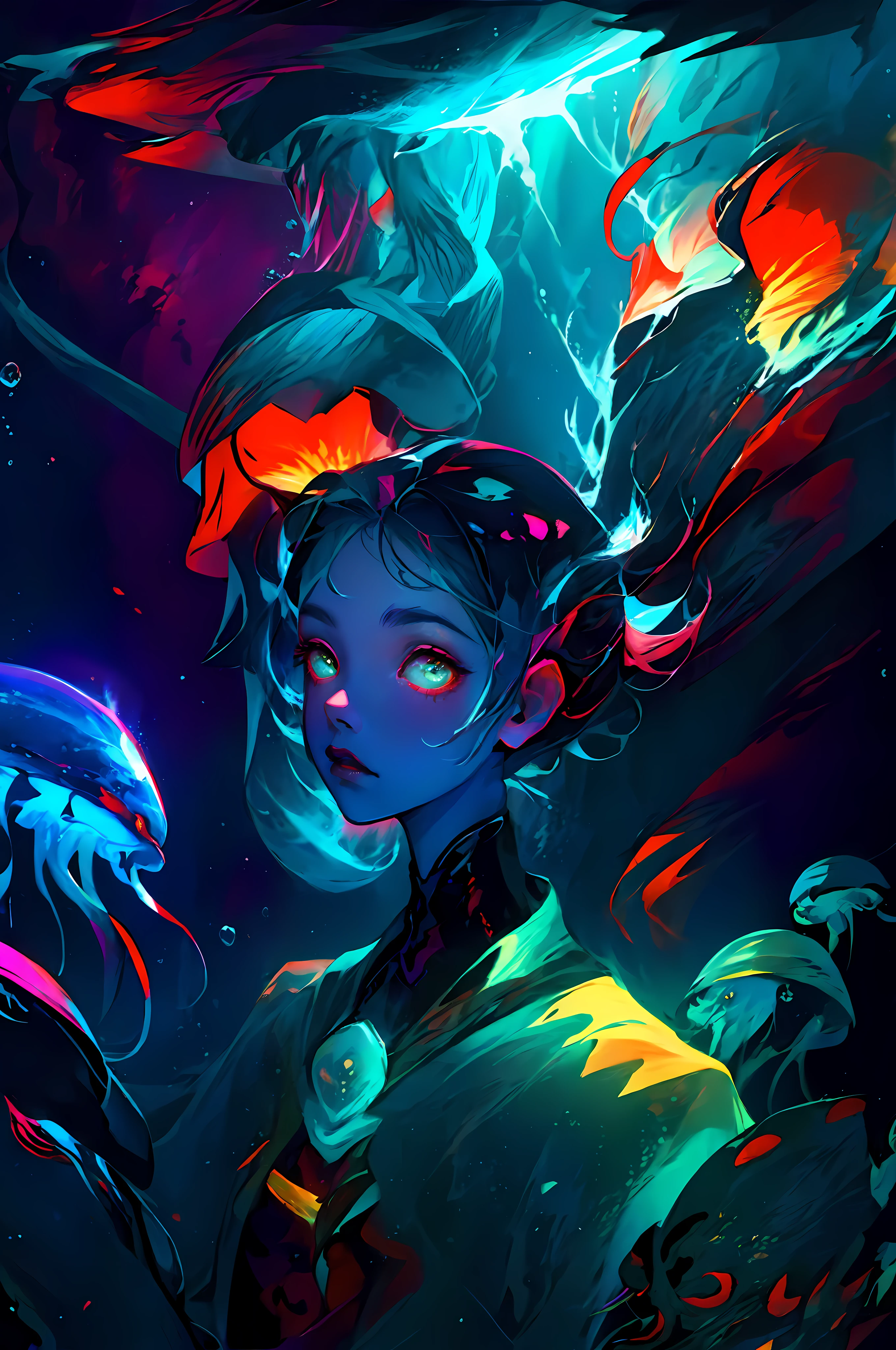 Polychrome, no humans, jellyfish, scenery, 1girl, upper body, underwater, dark atmosphere, fantasy art, under the sea, deep sea, ocean waves, abyss, ocean life, fish, sea animals, Bubbles, obscure scene, spooky, sea monsters