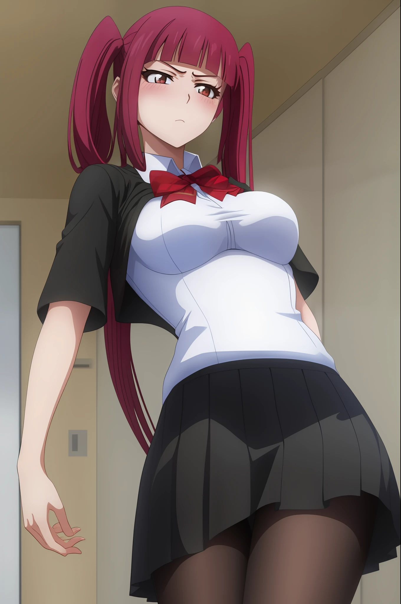 Riruka, (From below), Stockings, Black skirt, school hallway, Medium breasts, Blush