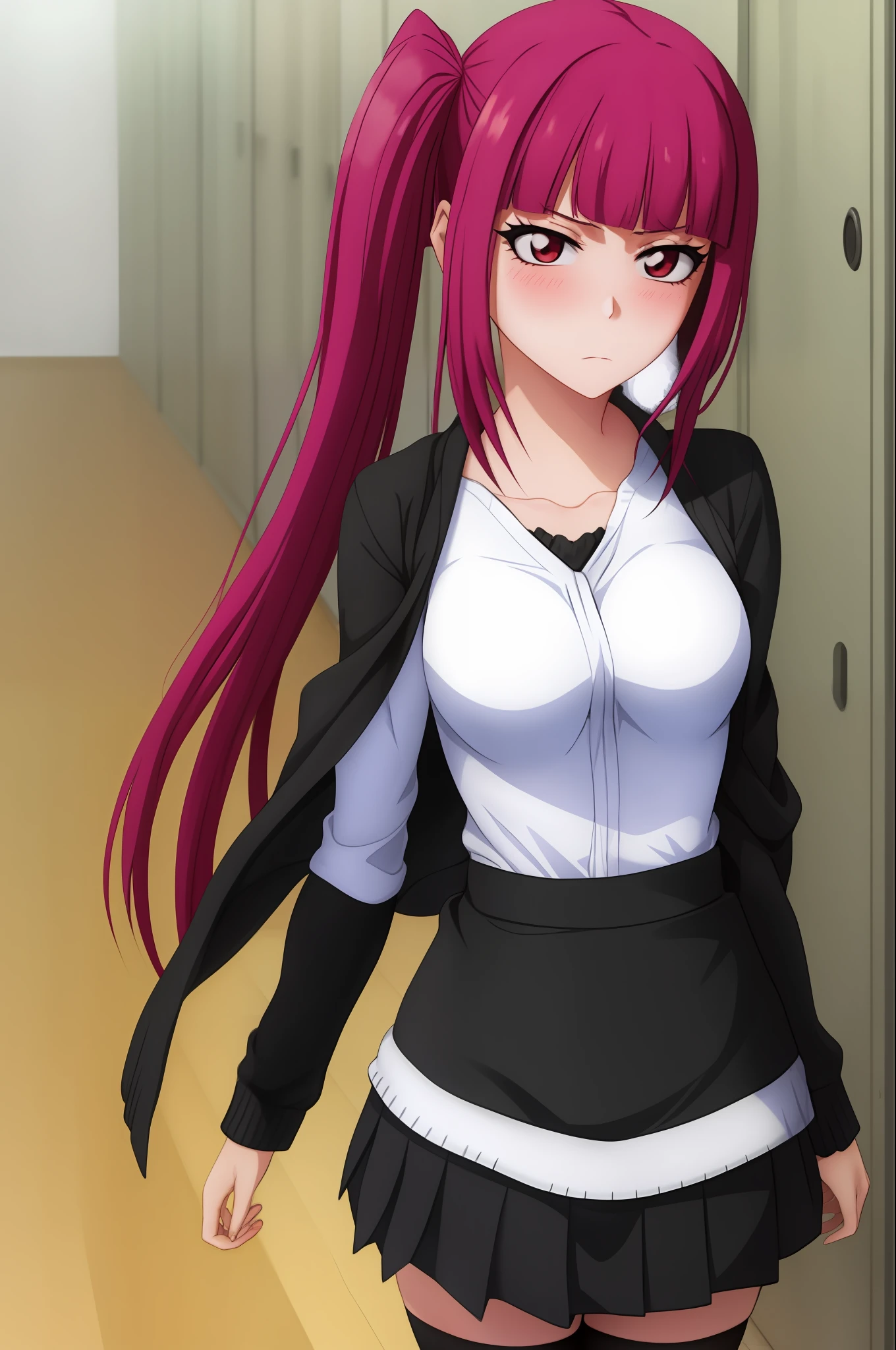 Riruka, (From below), Stockings, Black skirt, school hallway, Medium breasts, Blush