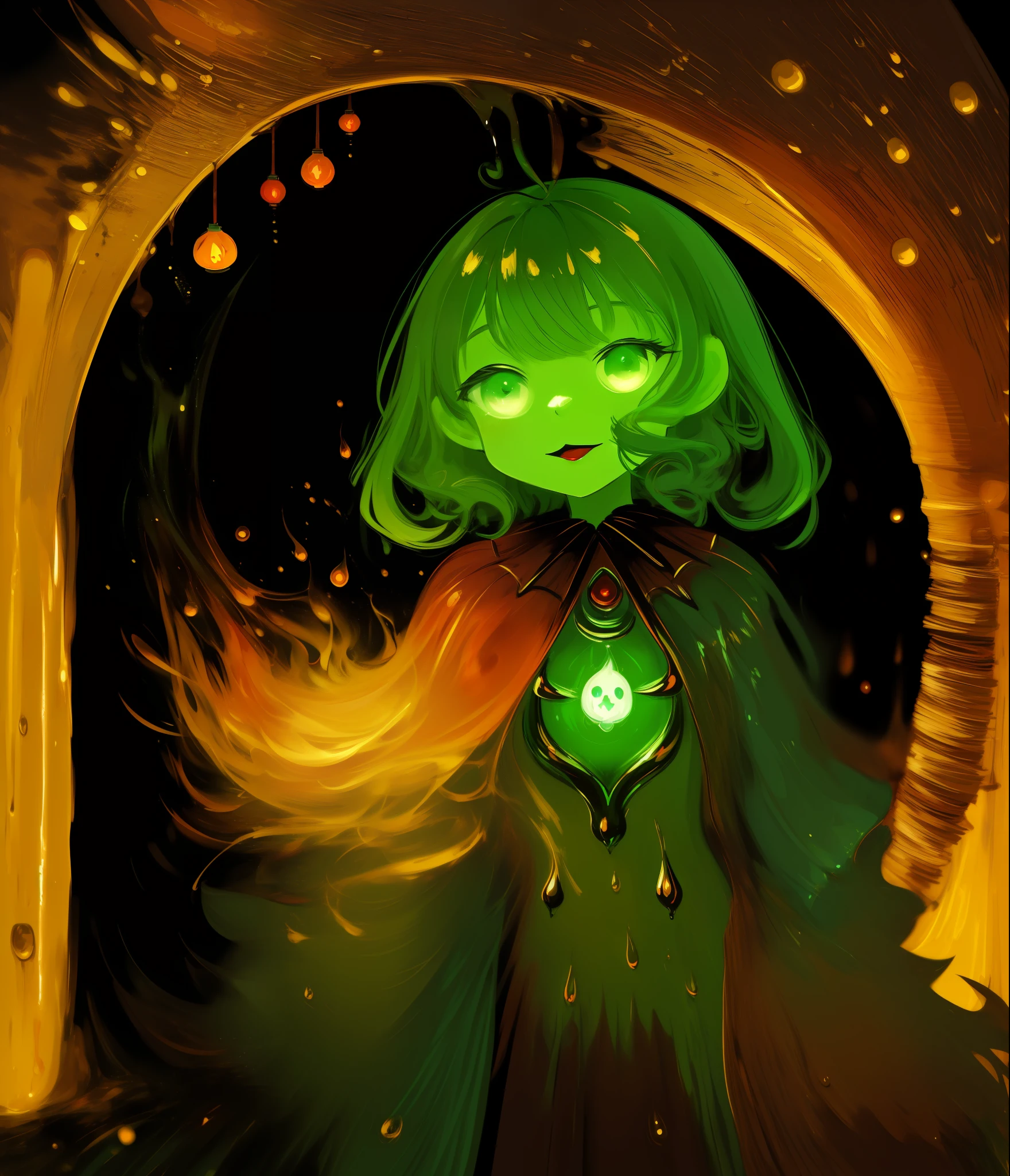 (in dripping art style) Brightfire, Feeling festive? Let this little firepot spider follow you around! With its adorable alchemical light show, you're bound to brighten up anyone's day—including your own!, dripping green alchemical fire, Masterpiece, Best Quality