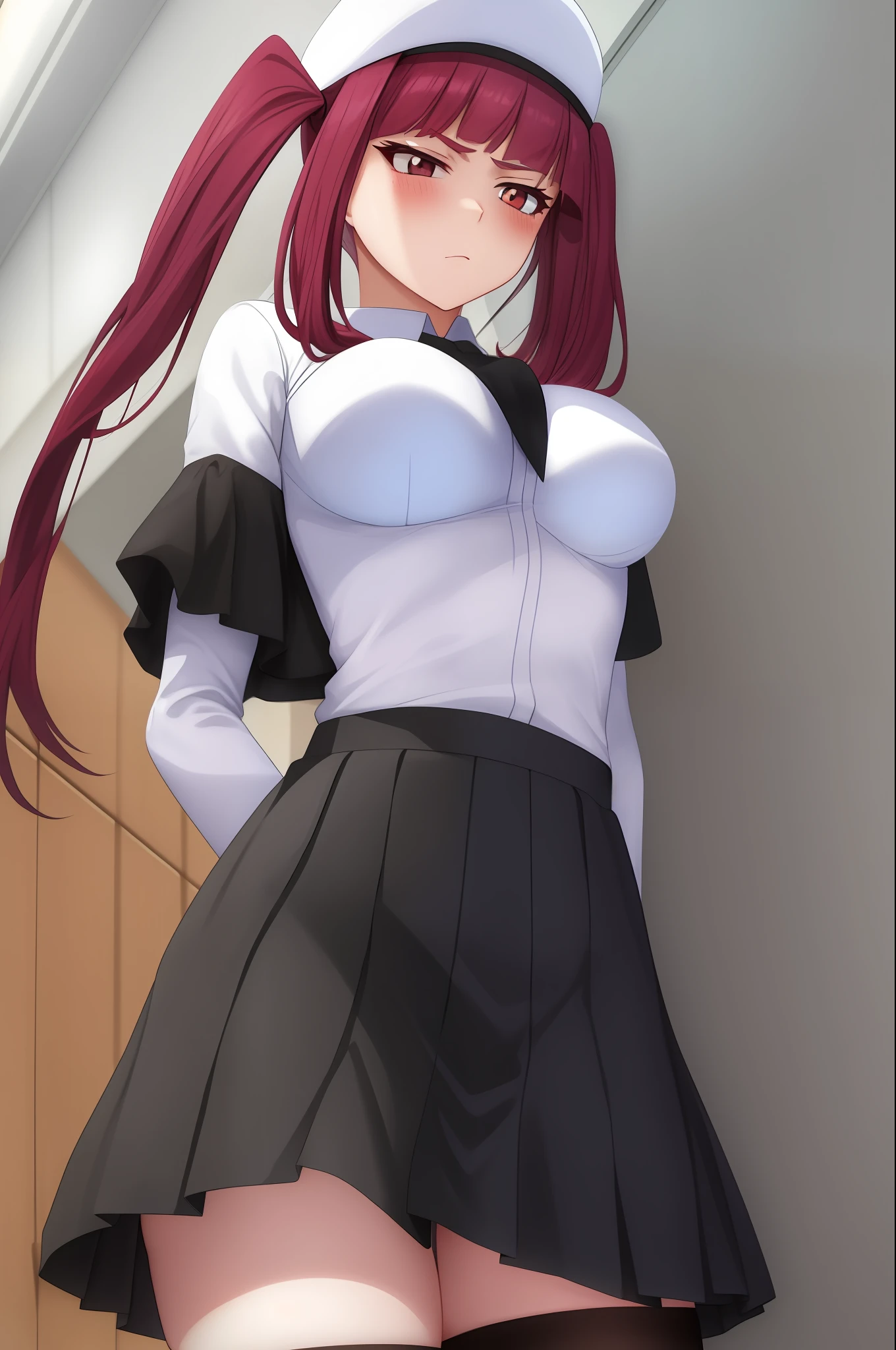 Riruka, (From below), Stockings, Black skirt, school hallway, Medium breasts, Blush